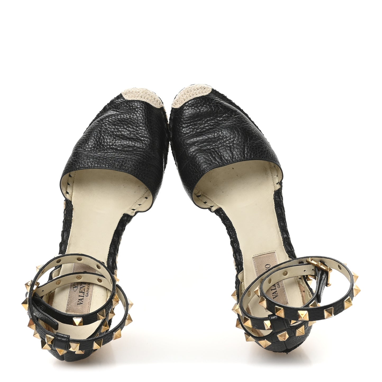 Grained Calfskin Rockstud Ankle Wrap Espadrille 15/85mm Wedges 38 Black Light Cuir