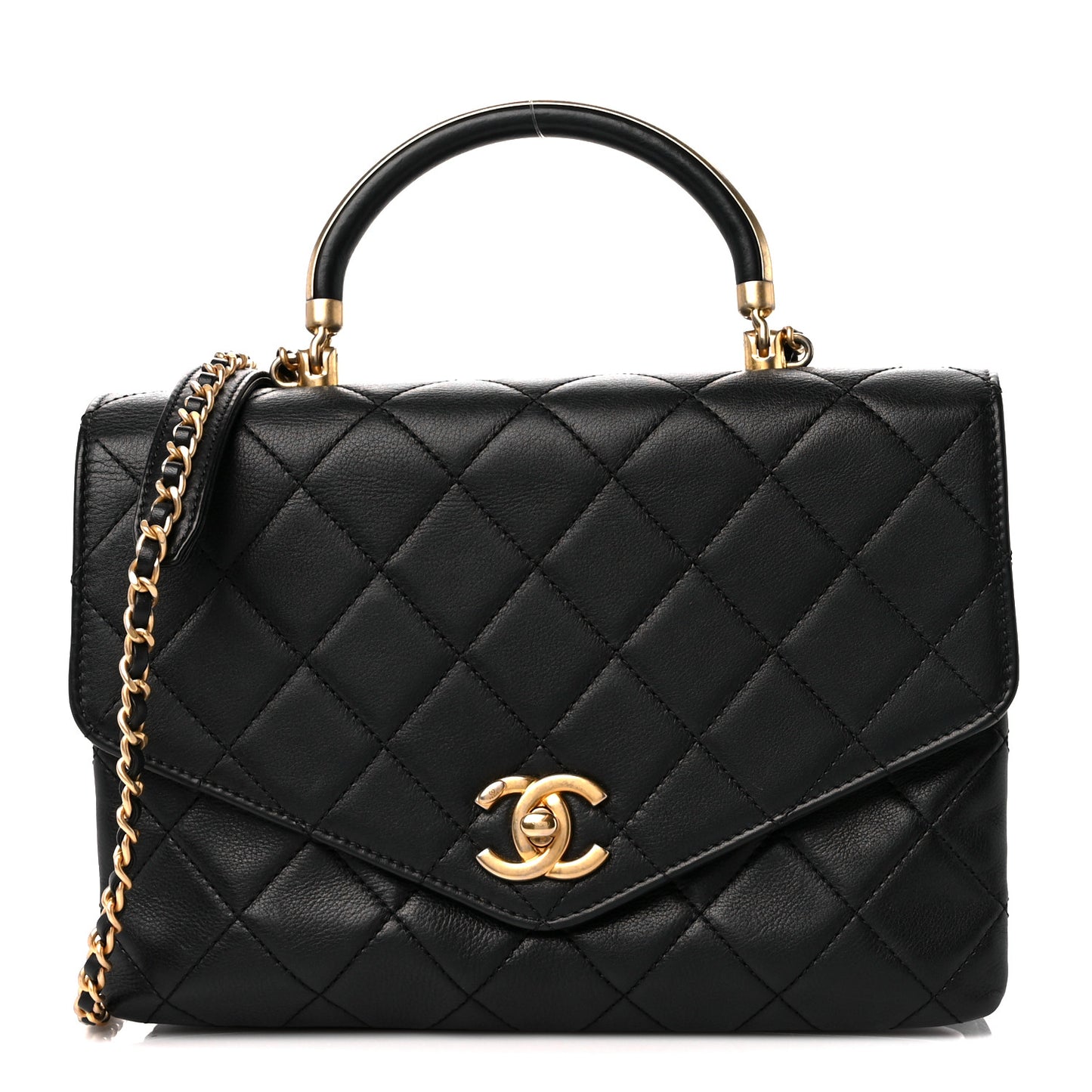 Calfskin Quilted Small Gold Top Handle Flap Black