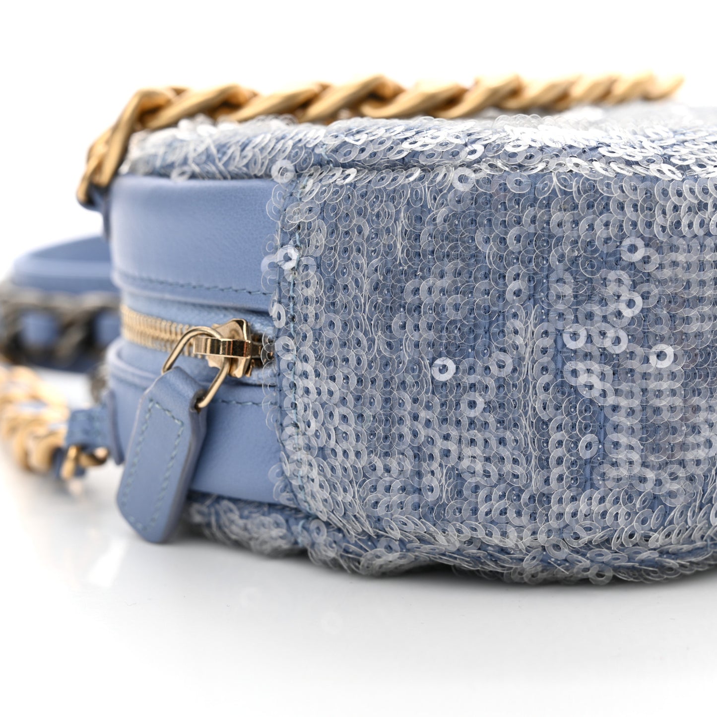 Sequin Chanel 19 Round Clutch With Chain Light Blue