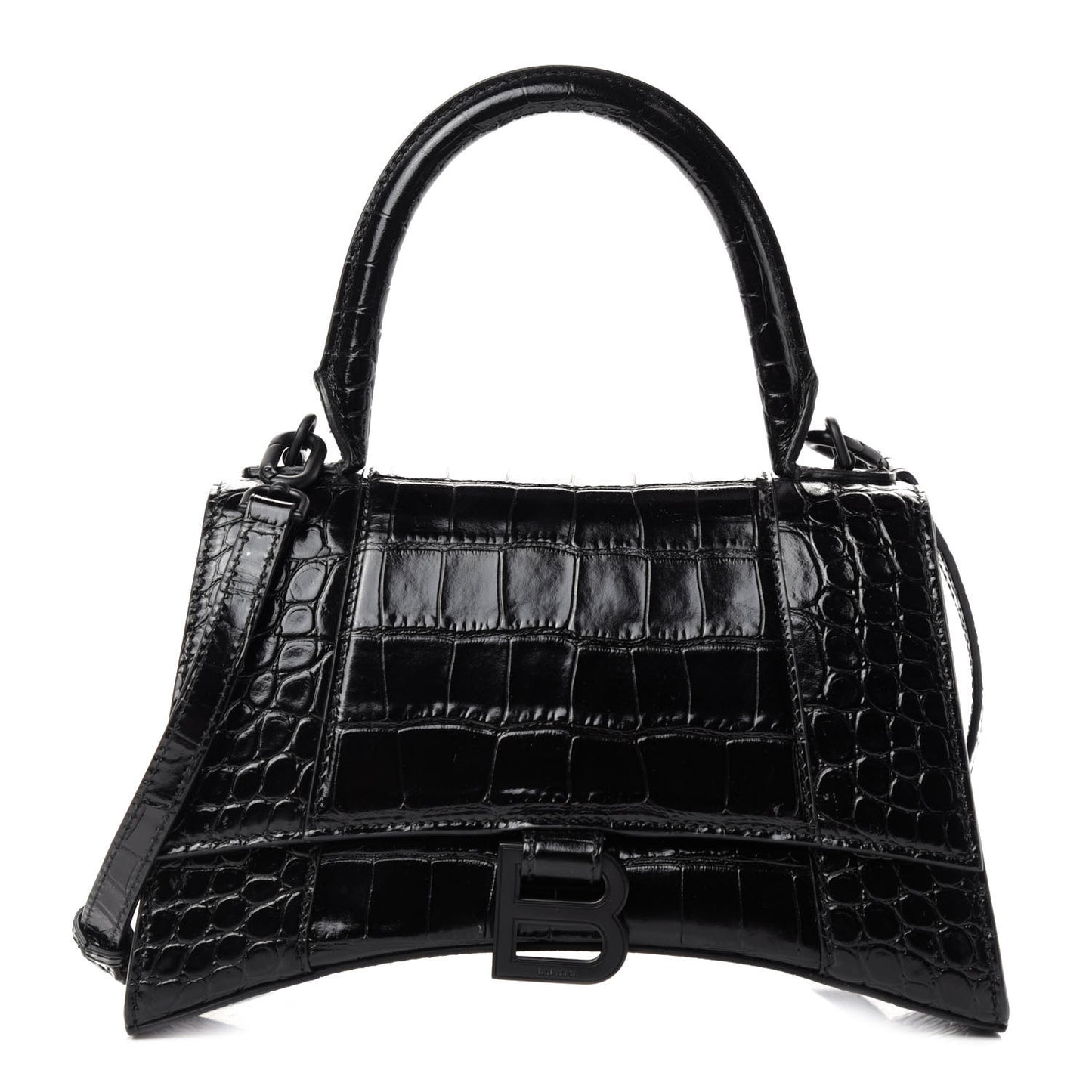 Shiny Calfskin Monochrome Crocodile Embossed Small Hourglass Top Handle Bag Black