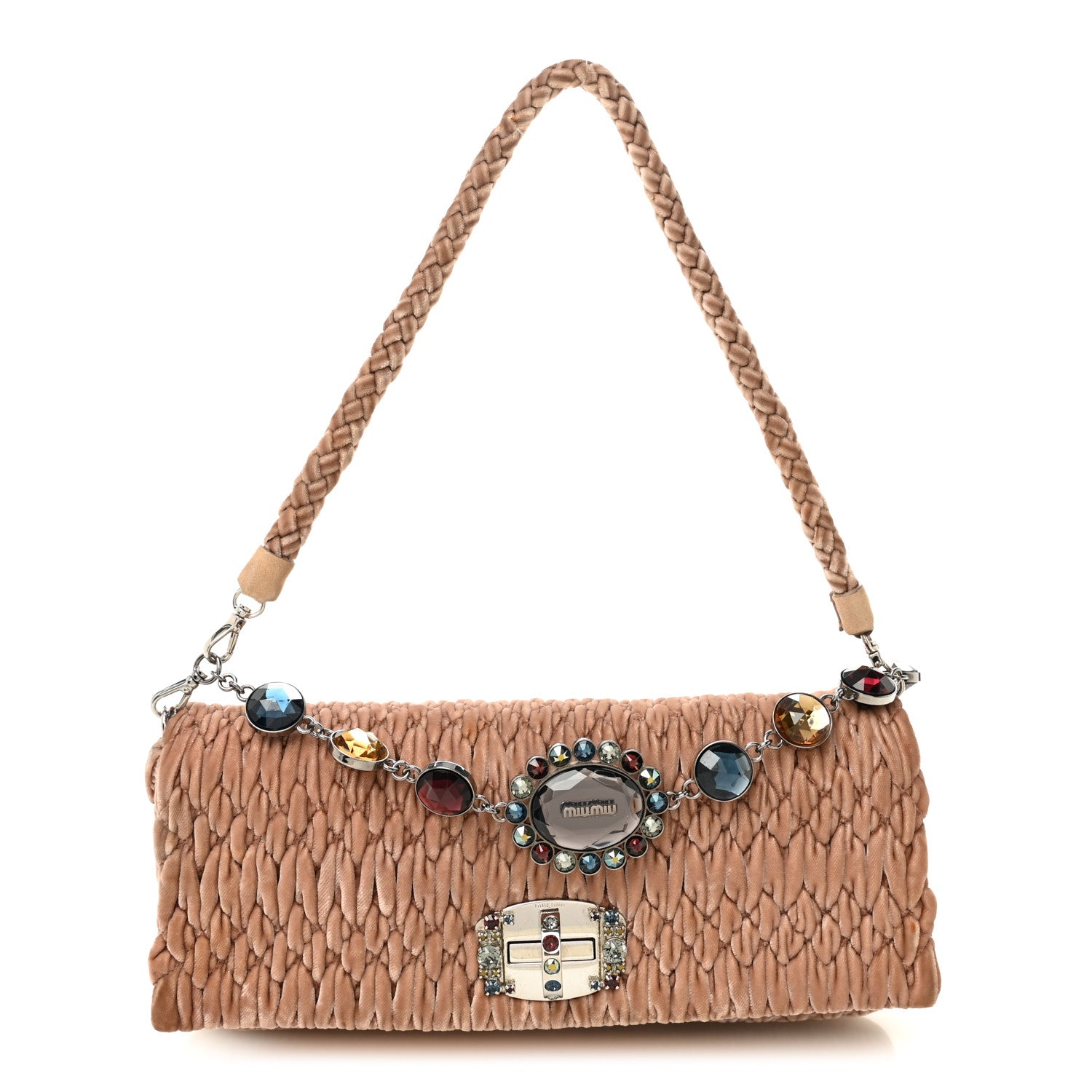 Miu Miu Velvet Matelasse Crystal Chain Shoulder Bag Cammeo 1819252 