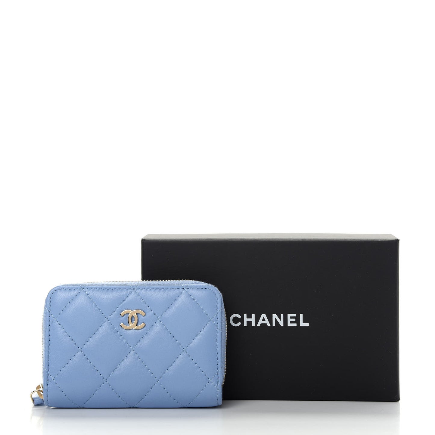 Lambskin Quilted Zip Around Coin Purse Wallet Light Blue