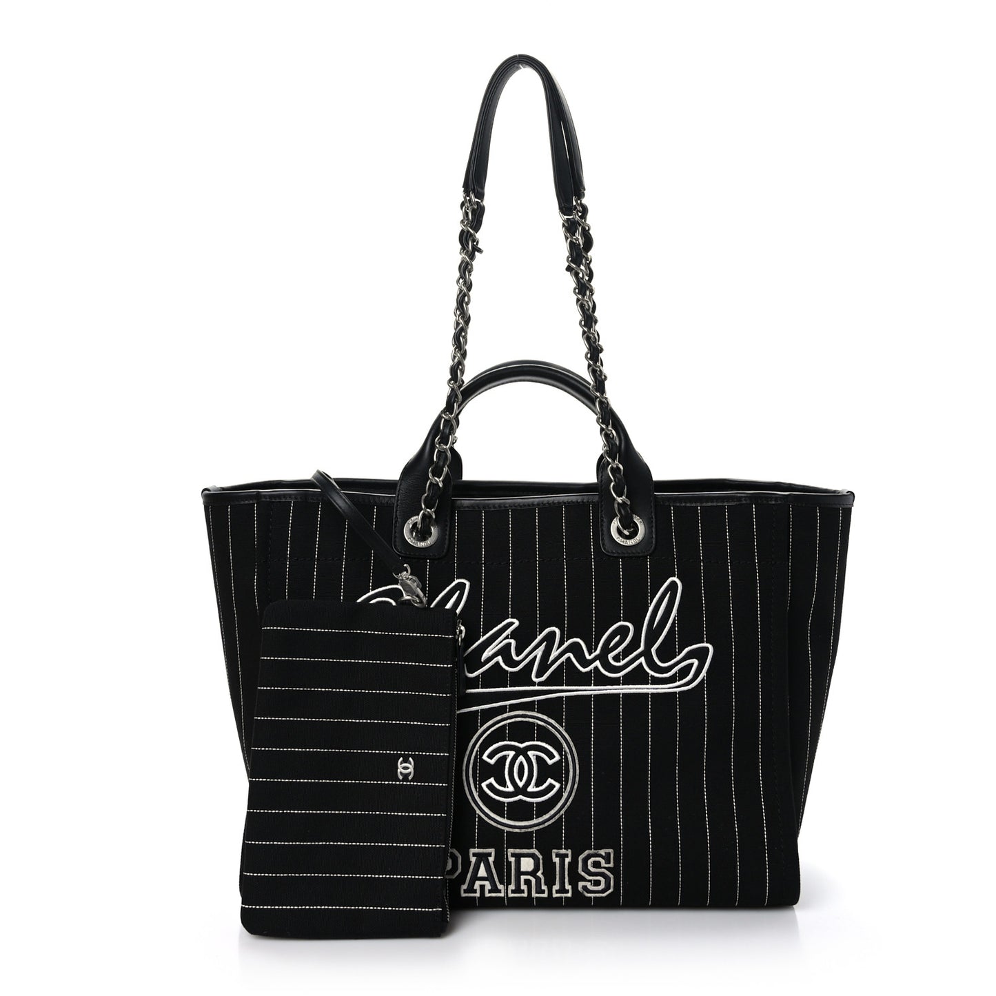 Canvas Calfskin Striped Medium Deauville Tote Black White