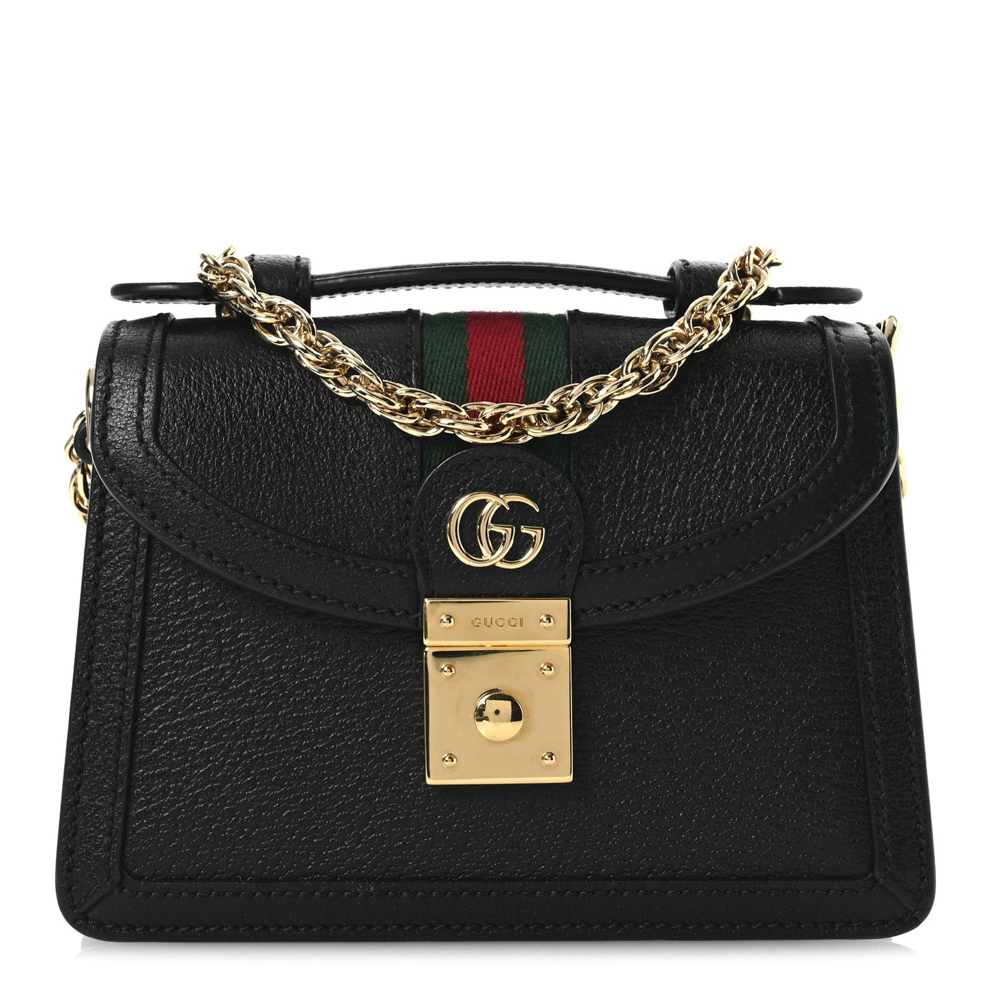 Textured Dollar Calfskin Web Mini Ophidia Padlock Top Handle Chain Shoulder Bag Black
