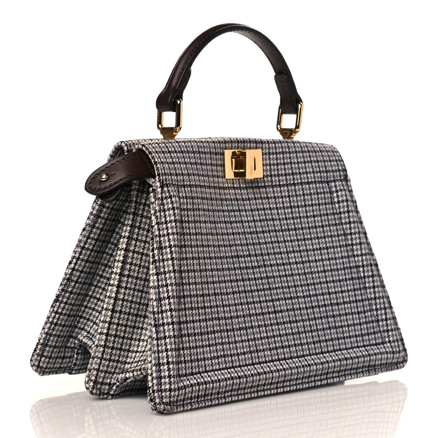 Wool Fabric Jacquard Cuoio Small Houndstooth FF 1974 Petite Peekaboo I SEE U Satchel Grey Black