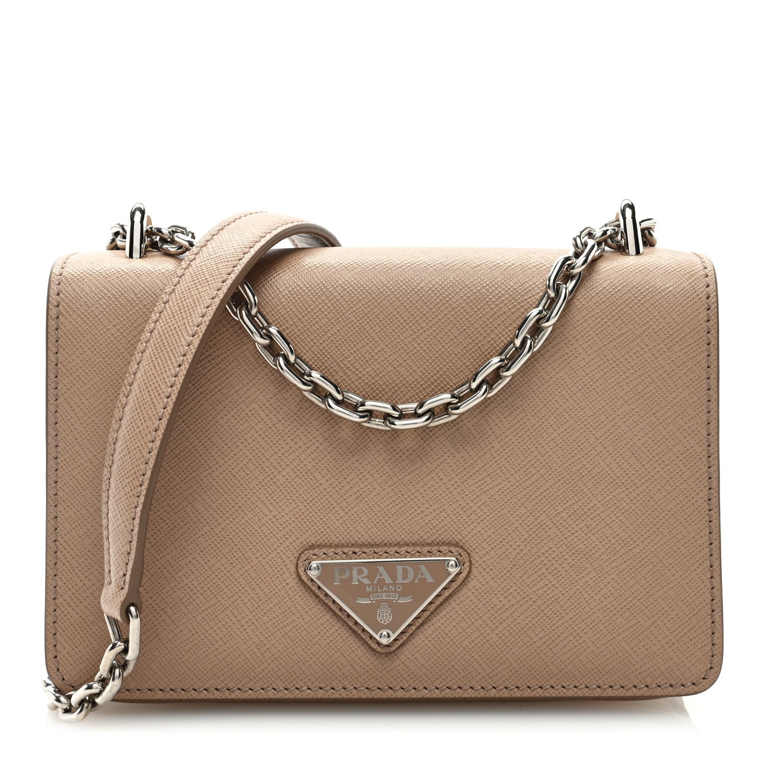 Prada Saffiano Tessuto Nylon Metal Triangle Logo Chain Flap Crossbody Bag Cammeo 1 of 8