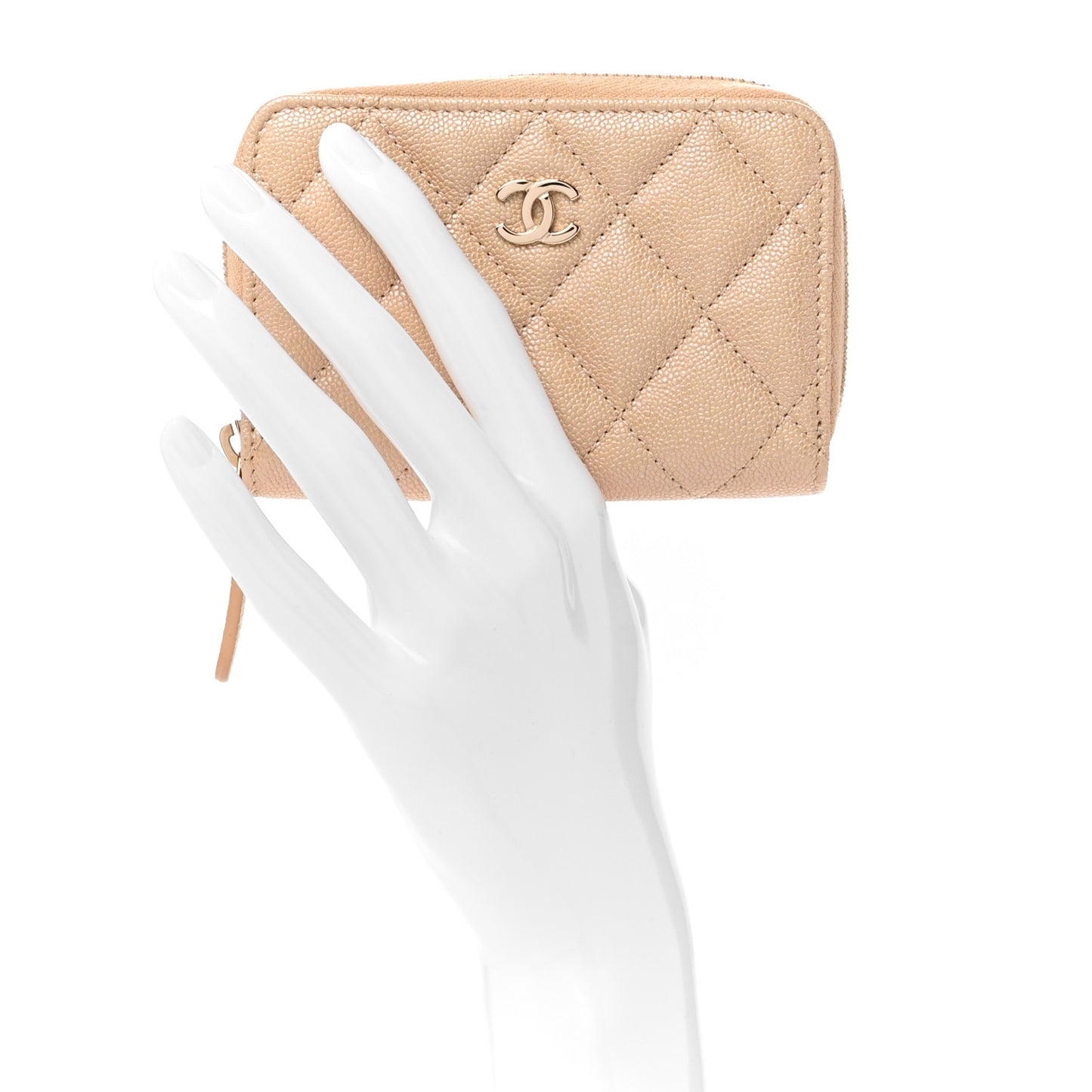 Iridescent Caviar Quilted Zip Around Coin Purse Beige