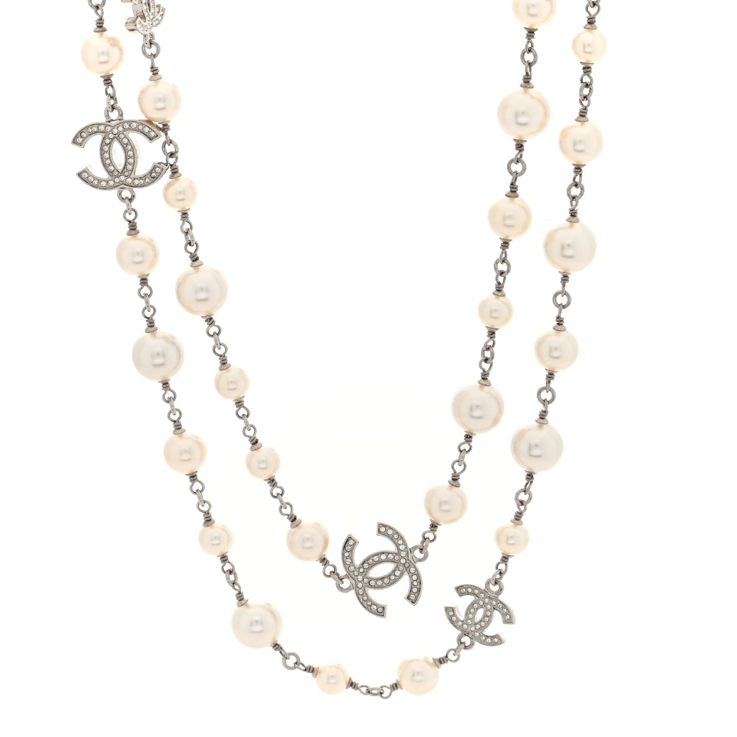 Crystal Pearl CC Long Necklace Silver