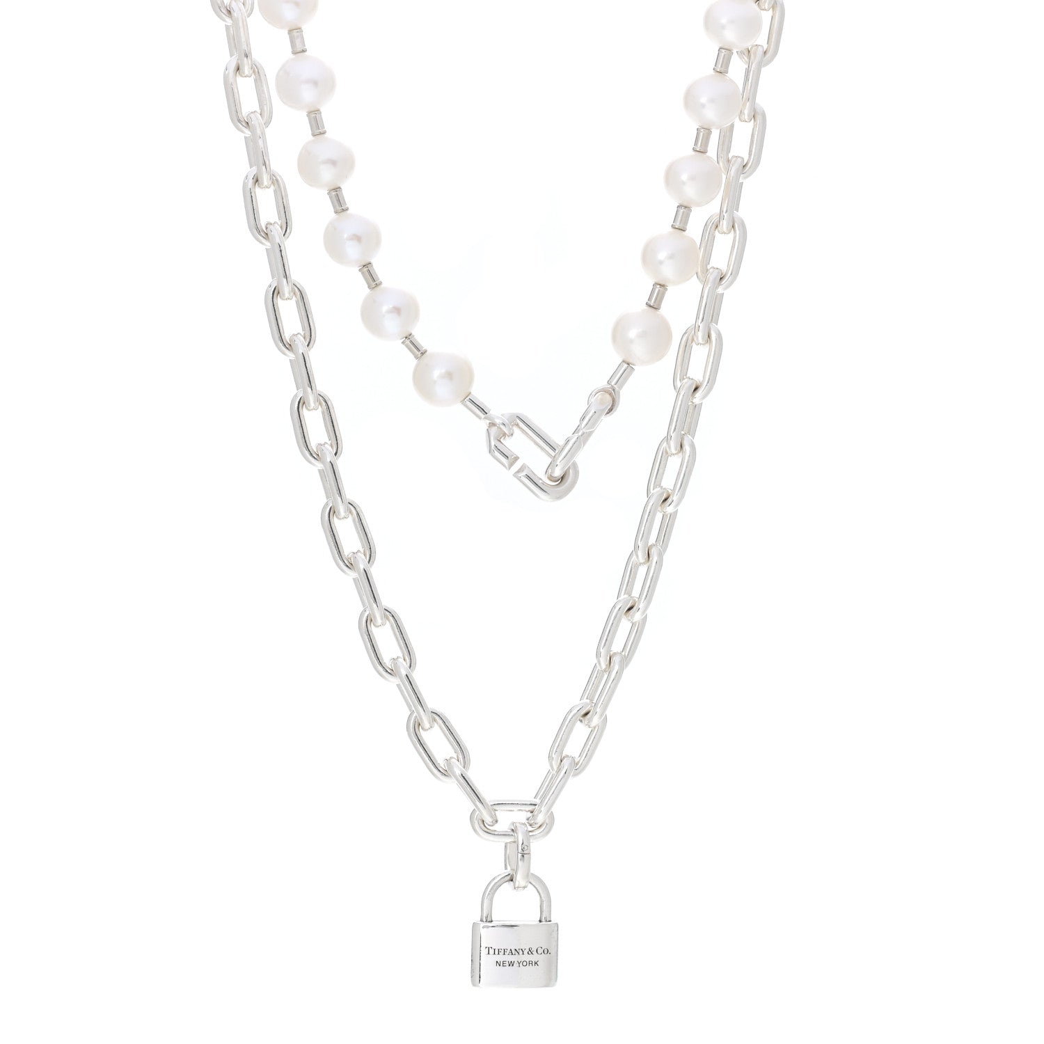 Tiffany Sterling Silver Pearl HardWear Lock Necklace 961486