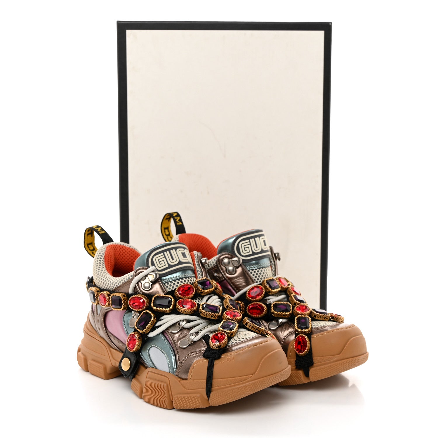 Gucci X SEGA Metallic Calfskin Mesh Removable Crystals Womens Flashtrek Sneakers 36 Rame Mystic White Lago 8 of 8