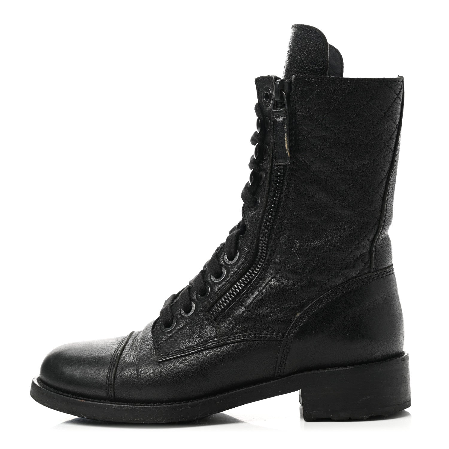 Chanel Sheepskin Quilted CC Tall Lace Up Combat Boots 36 Black 1 of 18