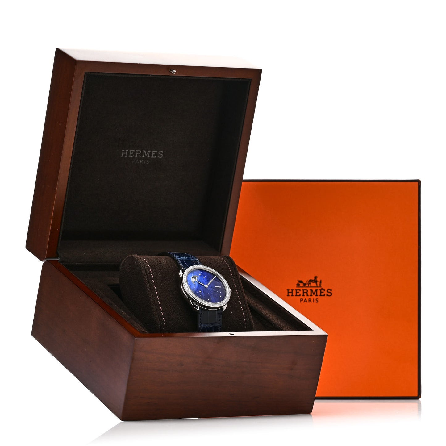 Stainless Steel Alligator Diamond Bezel Blue Mother of Pearl 38mm Arceau Petite Lune Automatic Watch Bleu Saphir