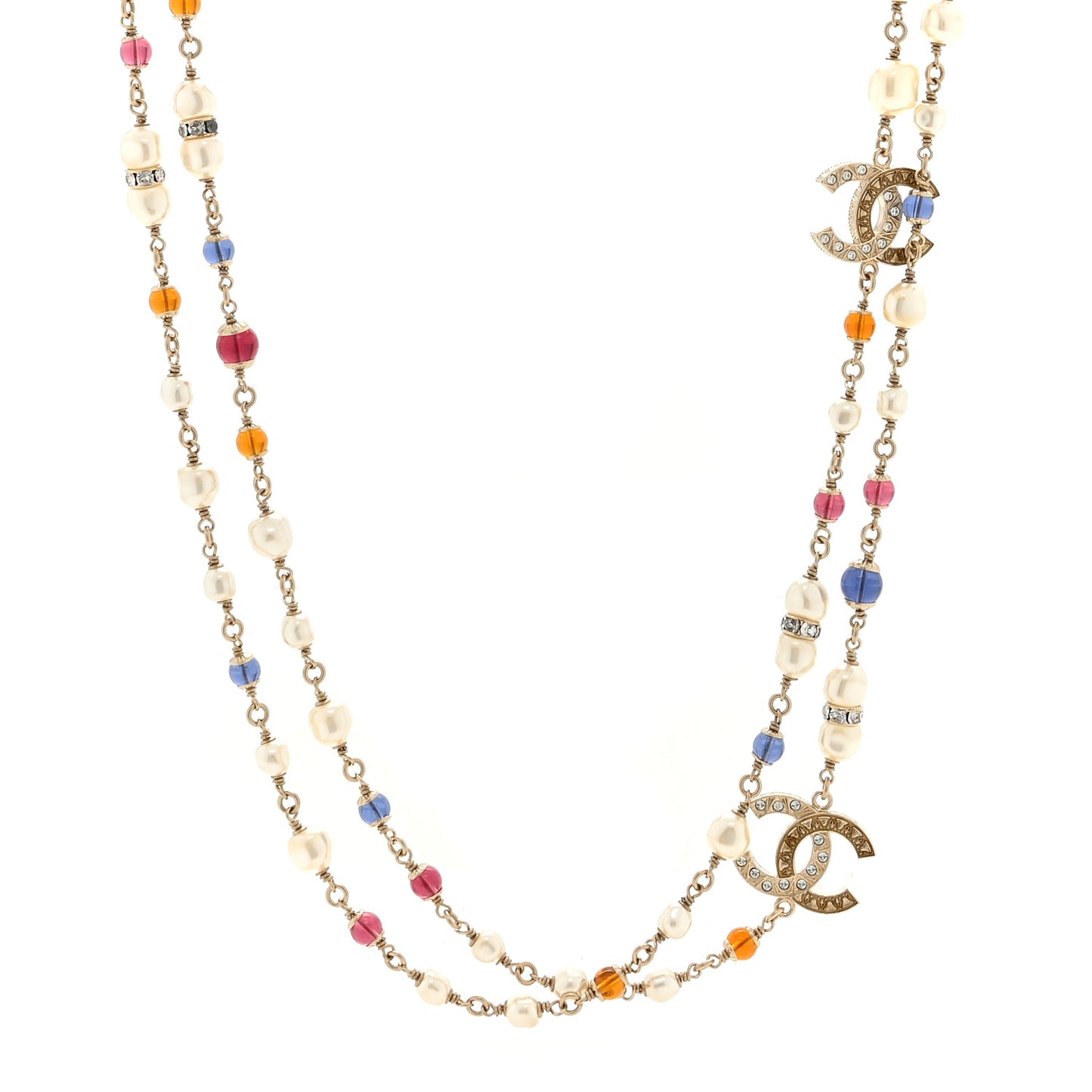 Pearl Crystal Resin CC Beaded Long Necklace Gold Pearly Gold Multicolor