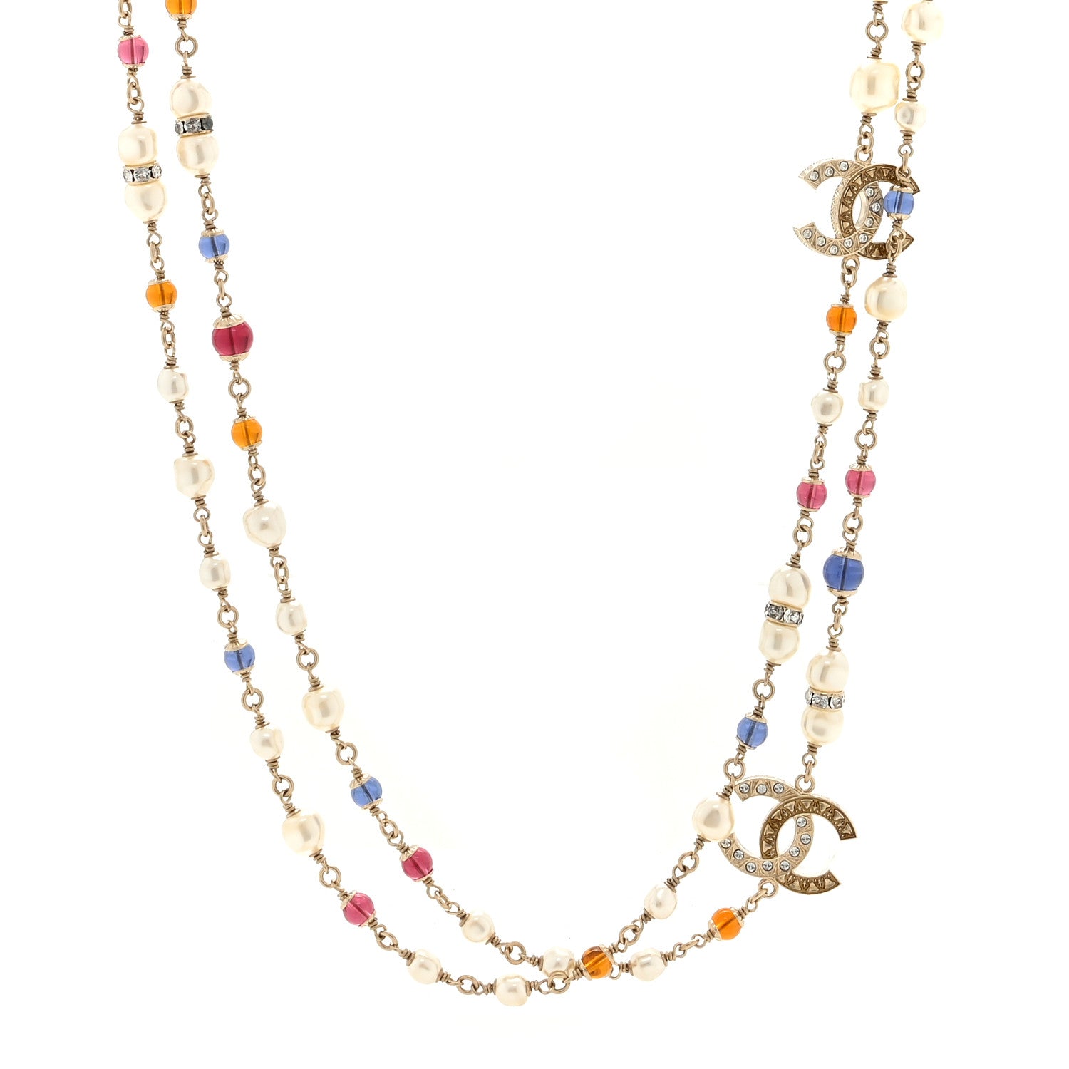 Chanel Pearl Crystal Resin CC Beaded Long Necklace Gold Pearly Gold Multicolor 1 of 4