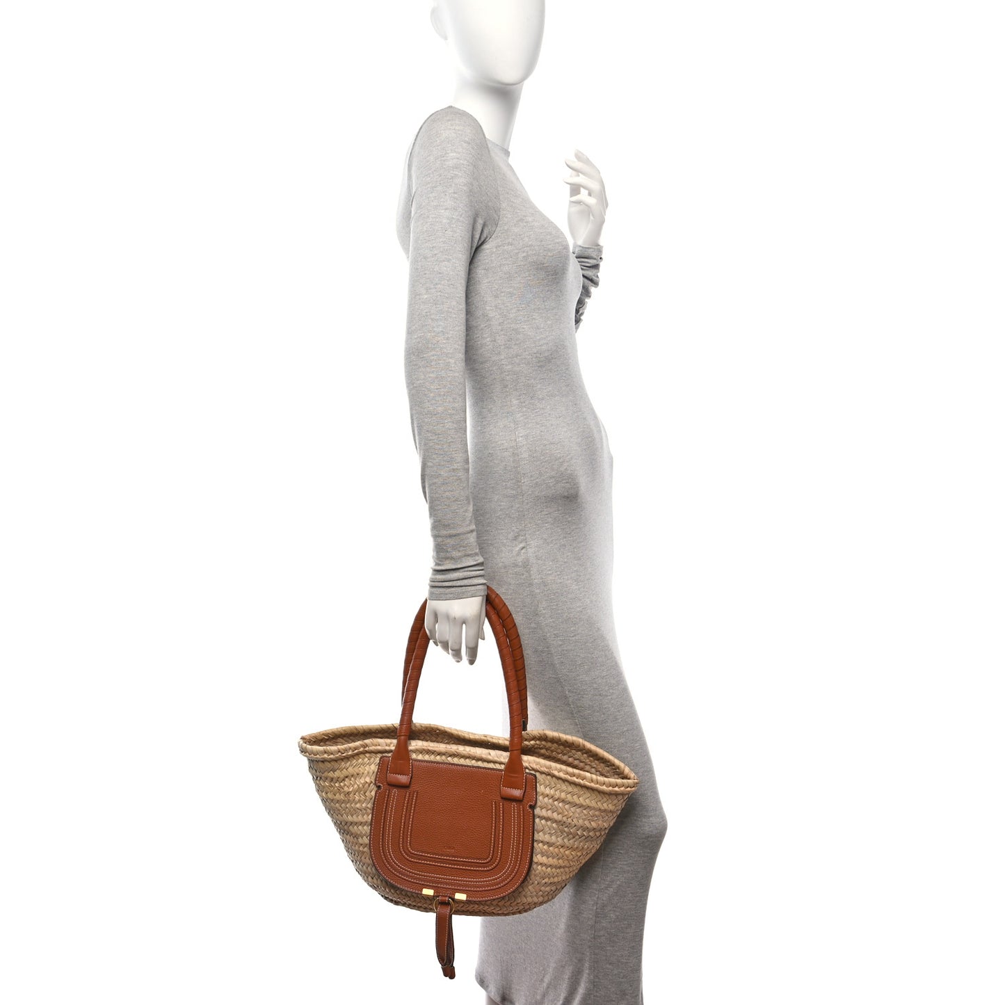 Raffia Small Grain Calfskin Medium Marcie Basket Tan