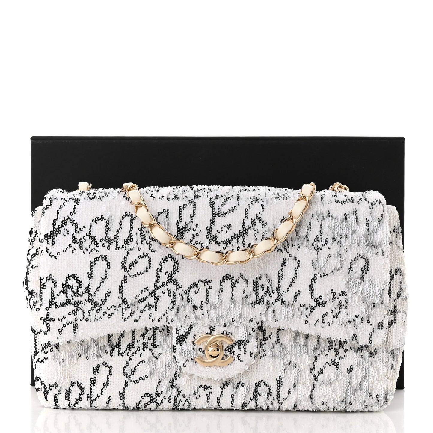 Sequin Logo Medium Flap White Black
