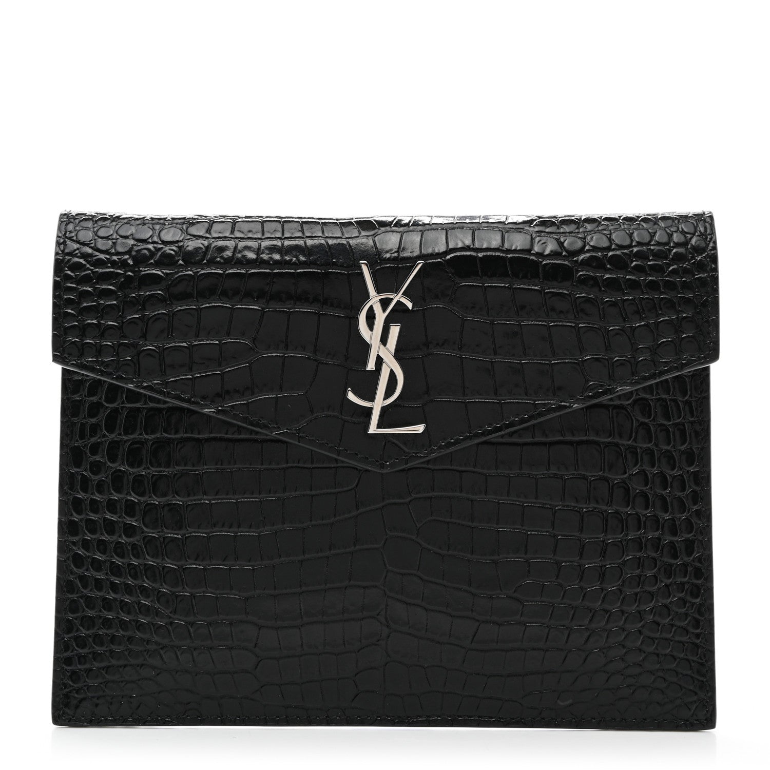 Saint Laurent Calfskin Crocodile Embossed Monogram Uptown Baby Pouch Black 1 of 7