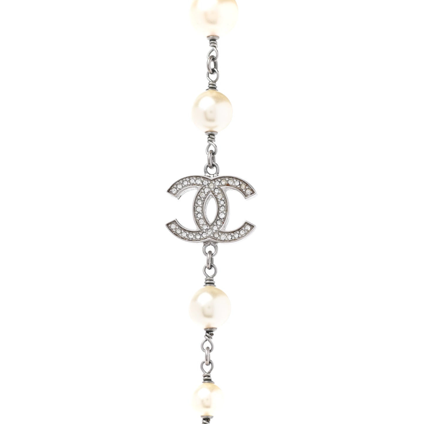 Graduated Pearl Crystal CC Long Necklace Silver
