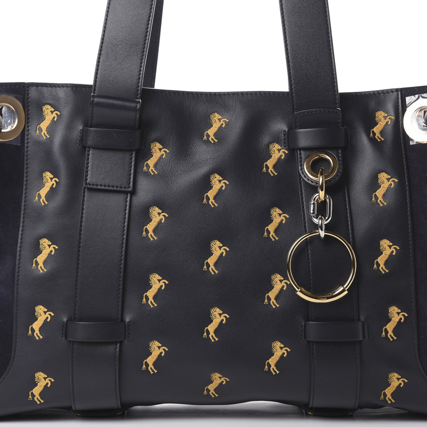 Smooth Calfskin Little Horses Embroidered Tao Zipped Tote Full Blue