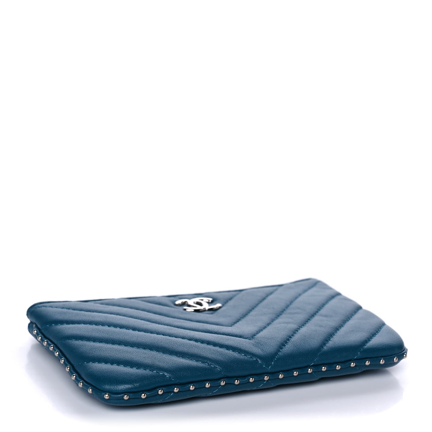 Lambskin Chevron Quilted Studded Small Cosmetic Case Blue