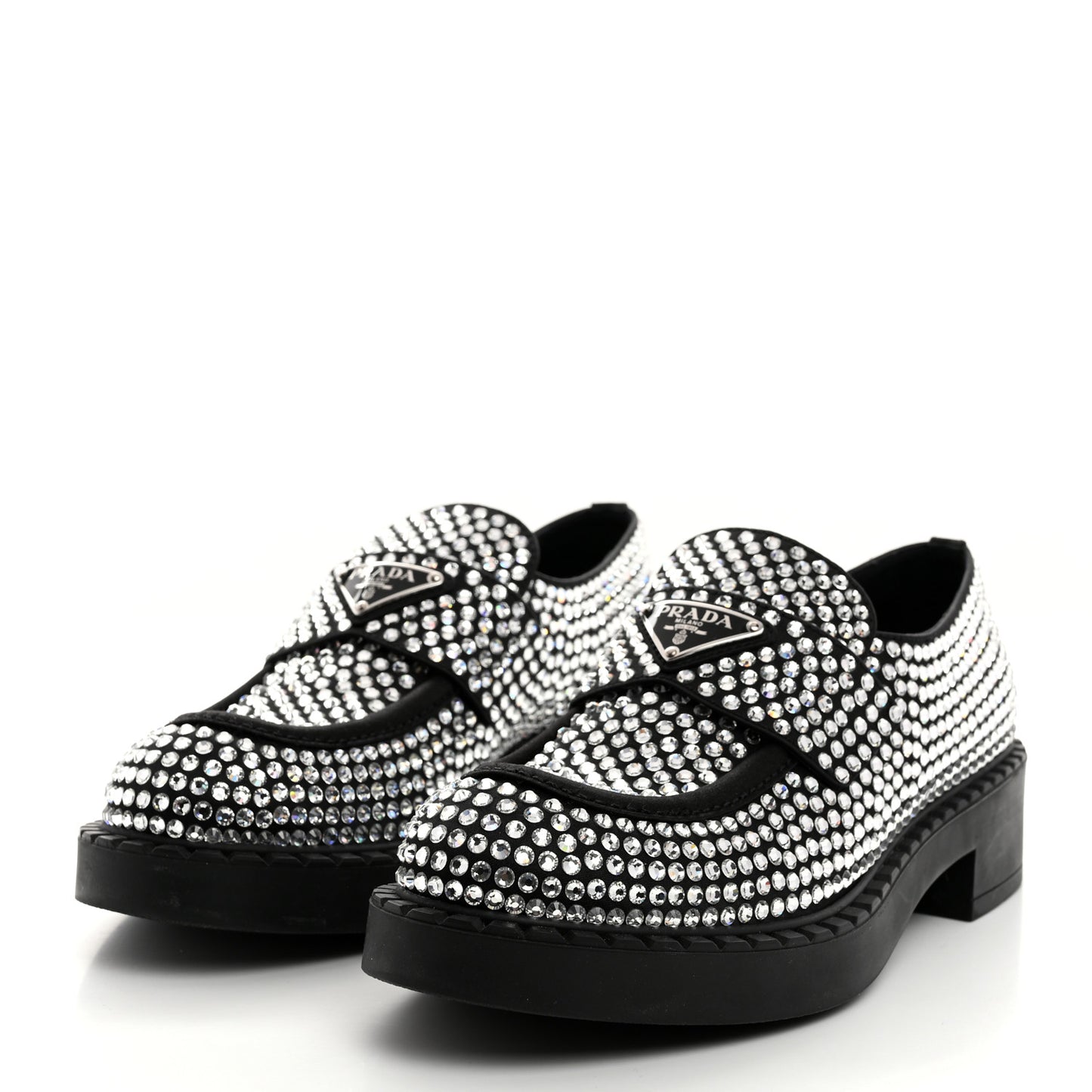 Satin Crystal Metal Triangle Logo 50mm Loafers 38 Cristal