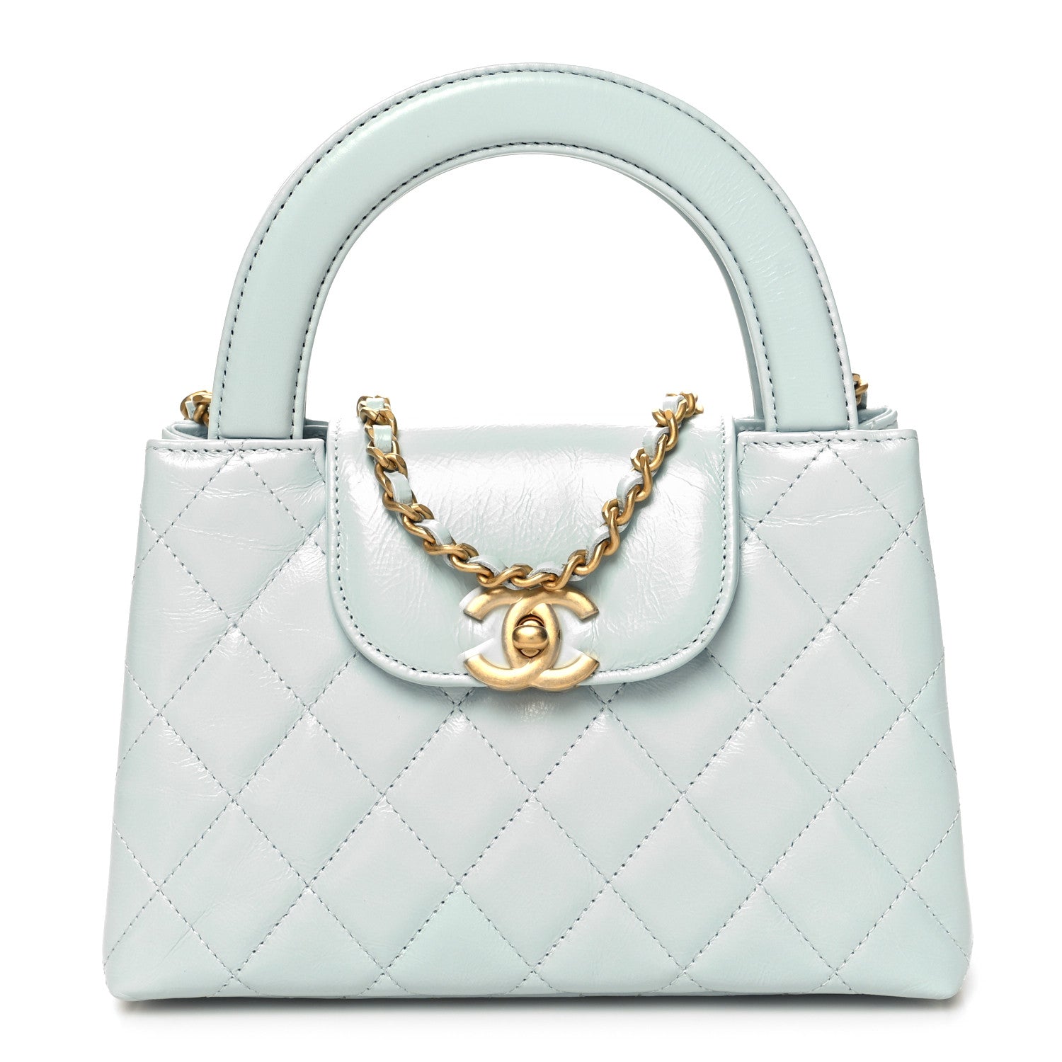 Chanel Shiny Aged Calfskin Quilted Nano Kelly Shopper Light Blue 1 of 11