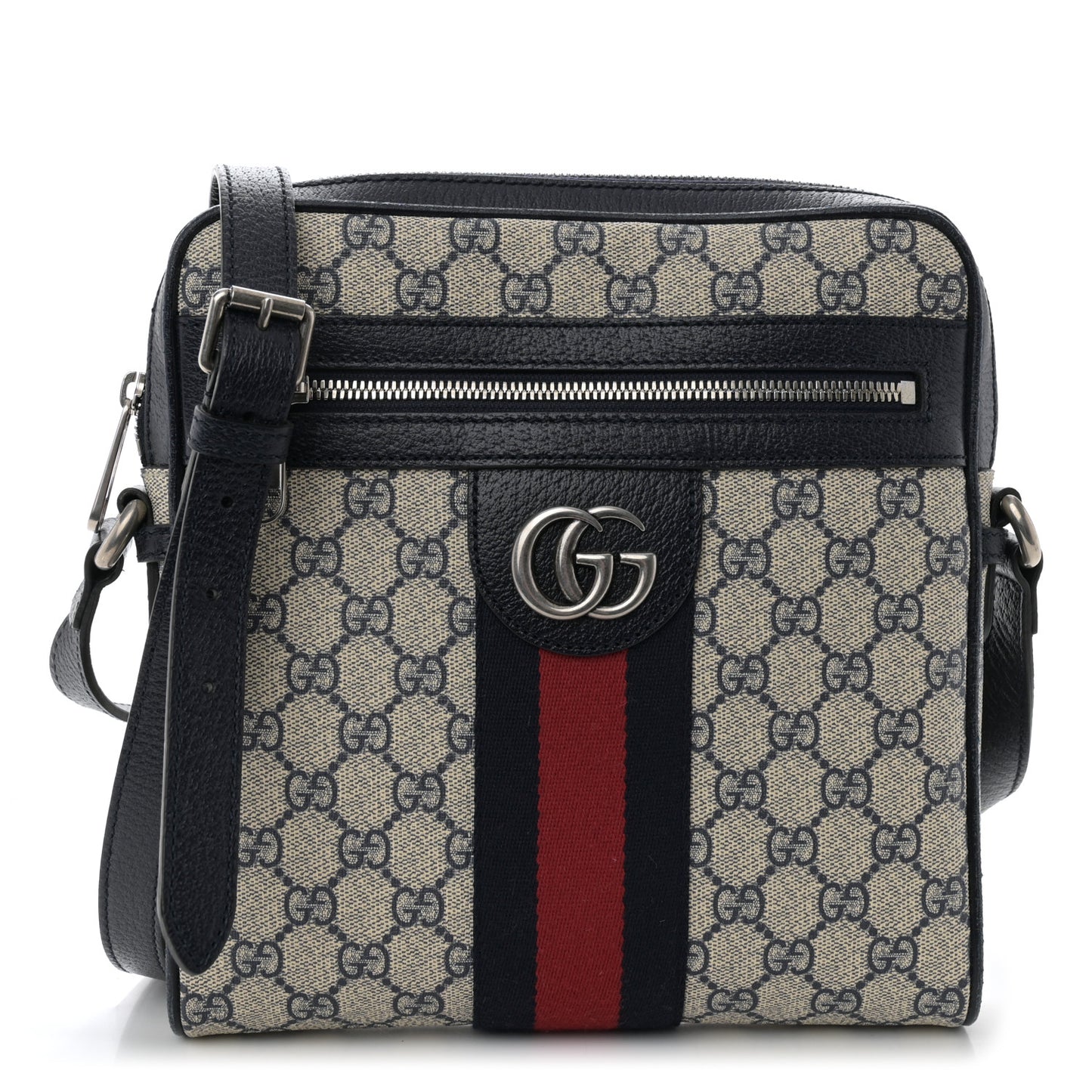 GG Supreme Monogram Textured Dollar Calfskin Web Small Ophidia Messenger Bag Beige Blue