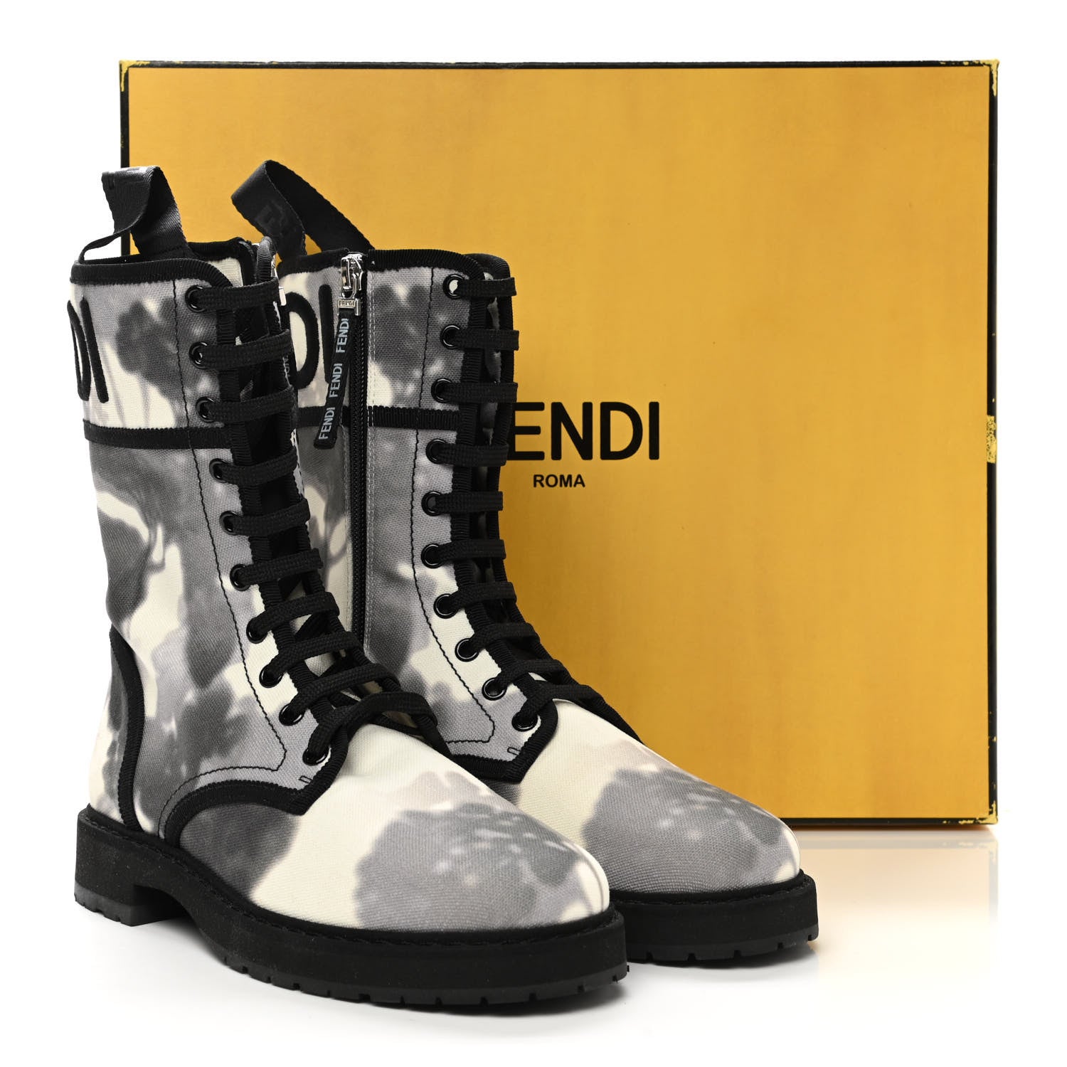 Fendi Canvas Floral Print Logo Bi-Color Womens Biker Boots 37 White Black 8 of 8