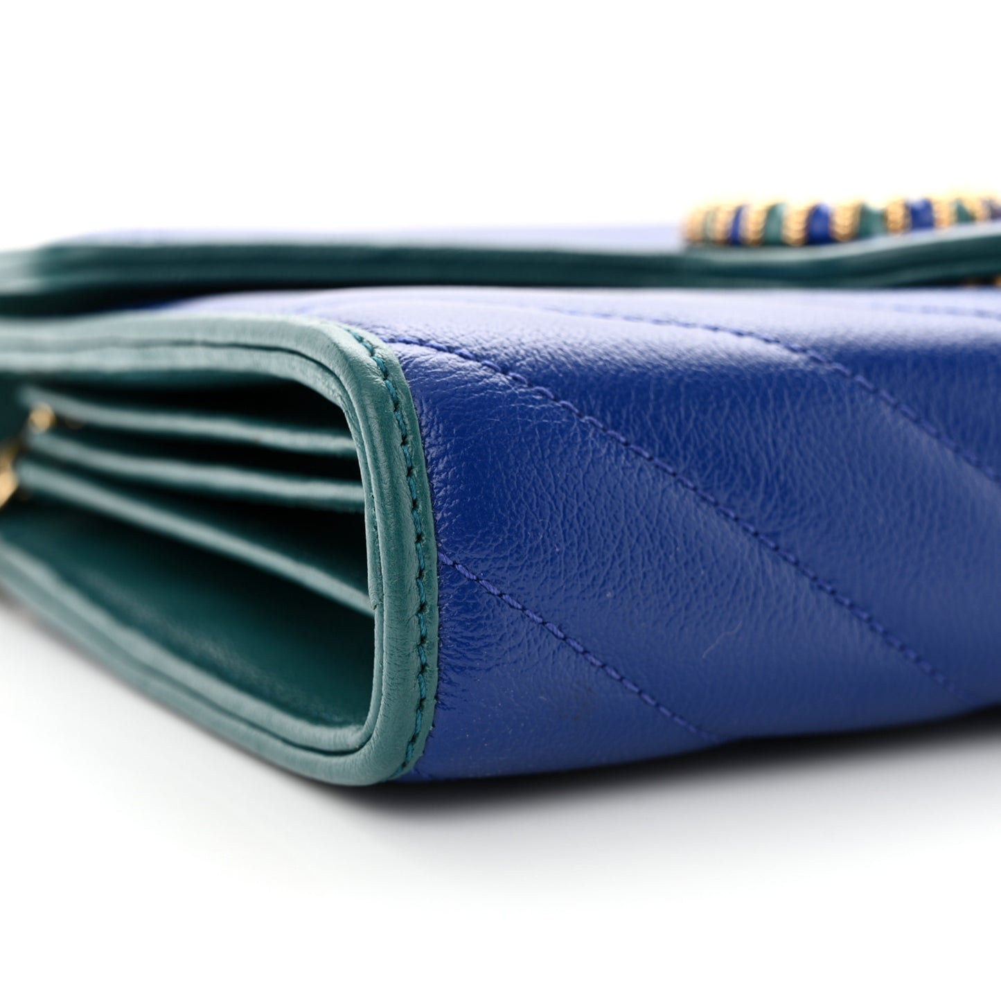 Azalea Calfskin Enamel Matelasse Diagonal Torchon GG Marmont Chain Wallet Imperial Blue Pavone