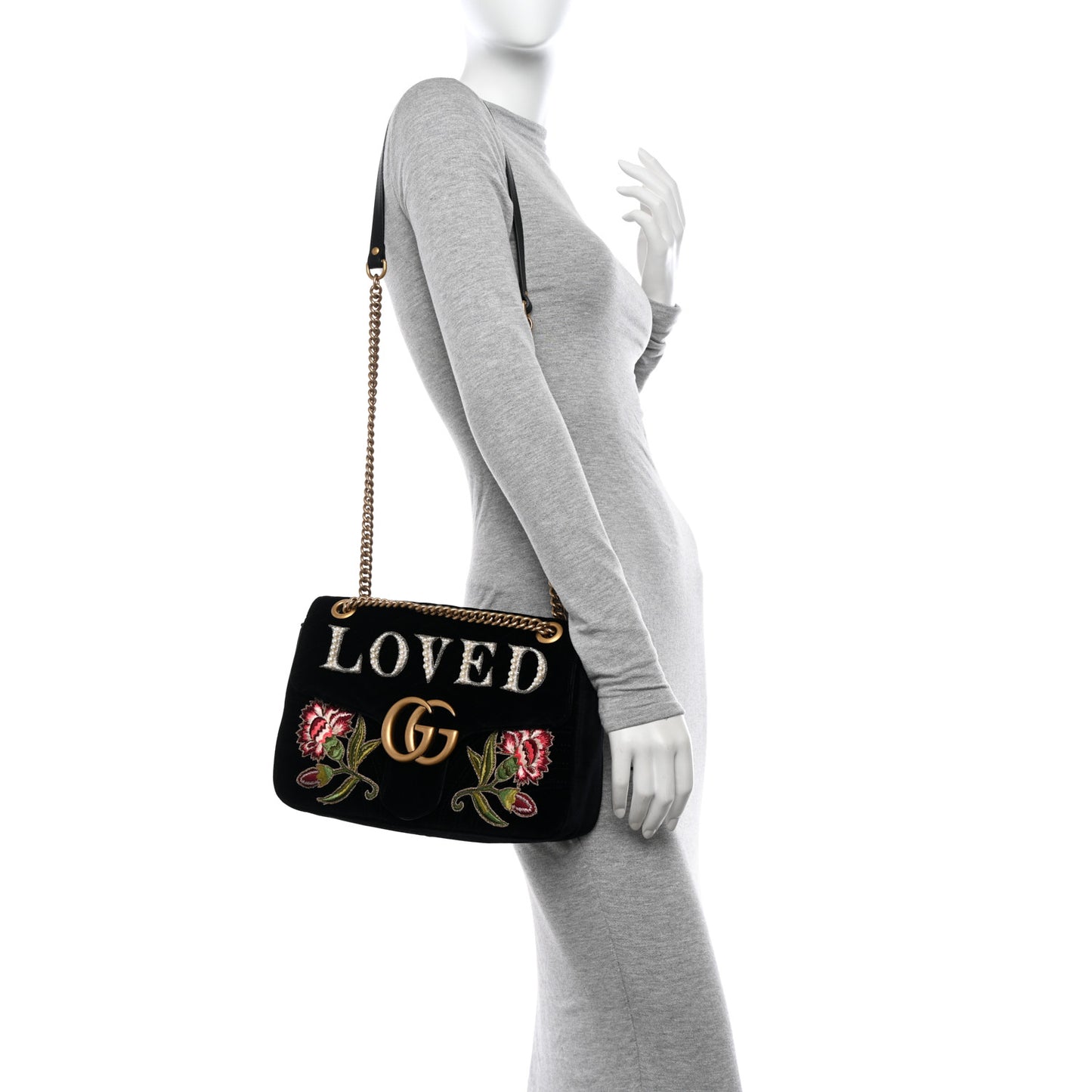 Velvet Matelasse Loved Embroidered Medium GG Marmont Shoulder Bag Black