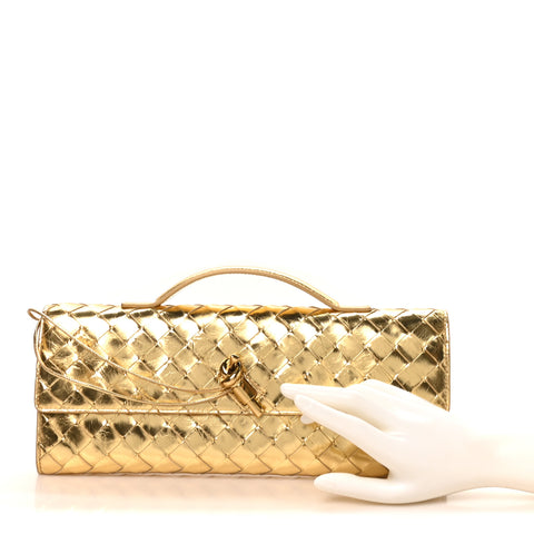 Metallic Lambskin Intrecciato Long Andiamo Top Handle Clutch Gold