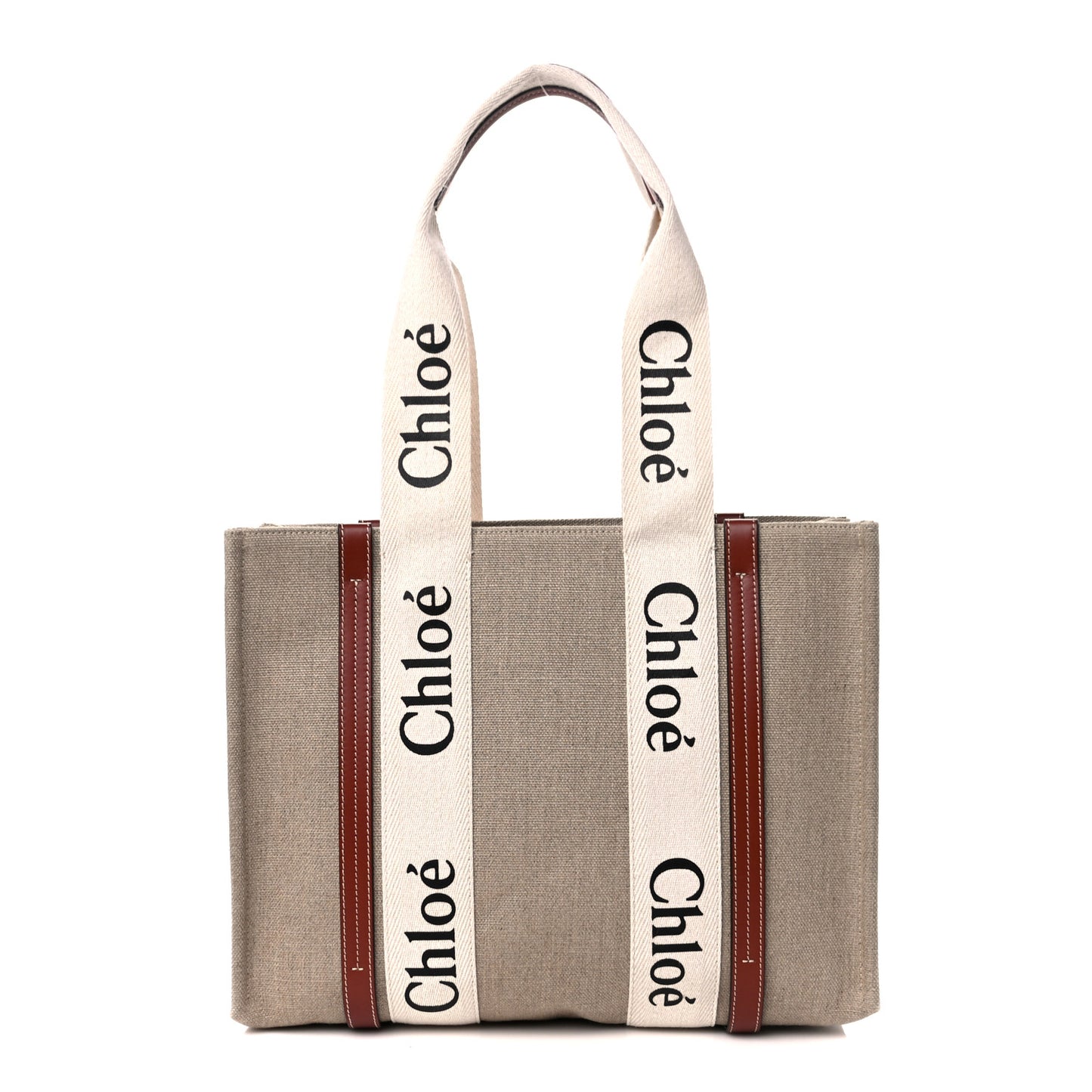 Linen Calfskin Medium Woody Ribbon Tote White Brown