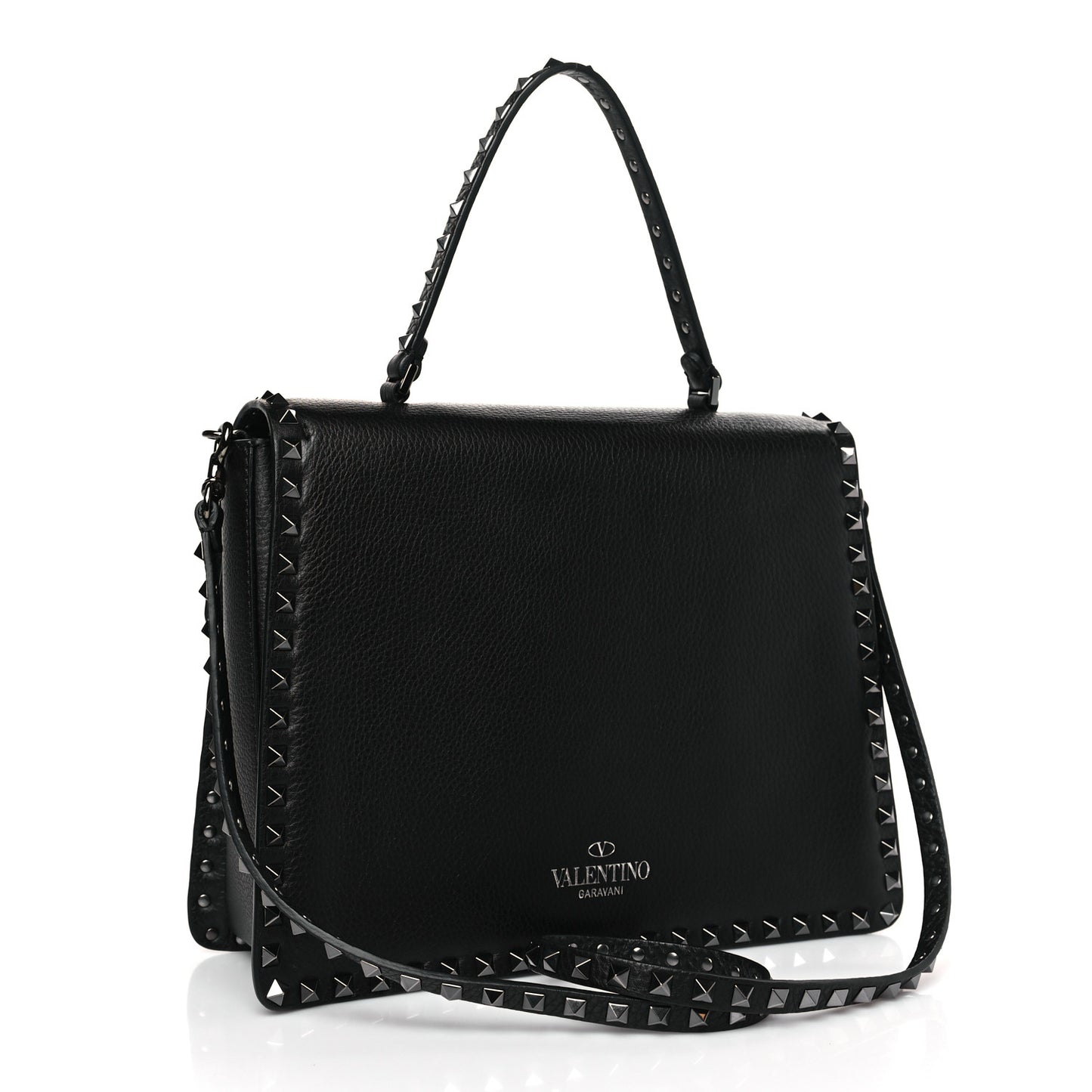 Grained Calfskin Rockstud Top Handle Flap Shoulder Bag Black