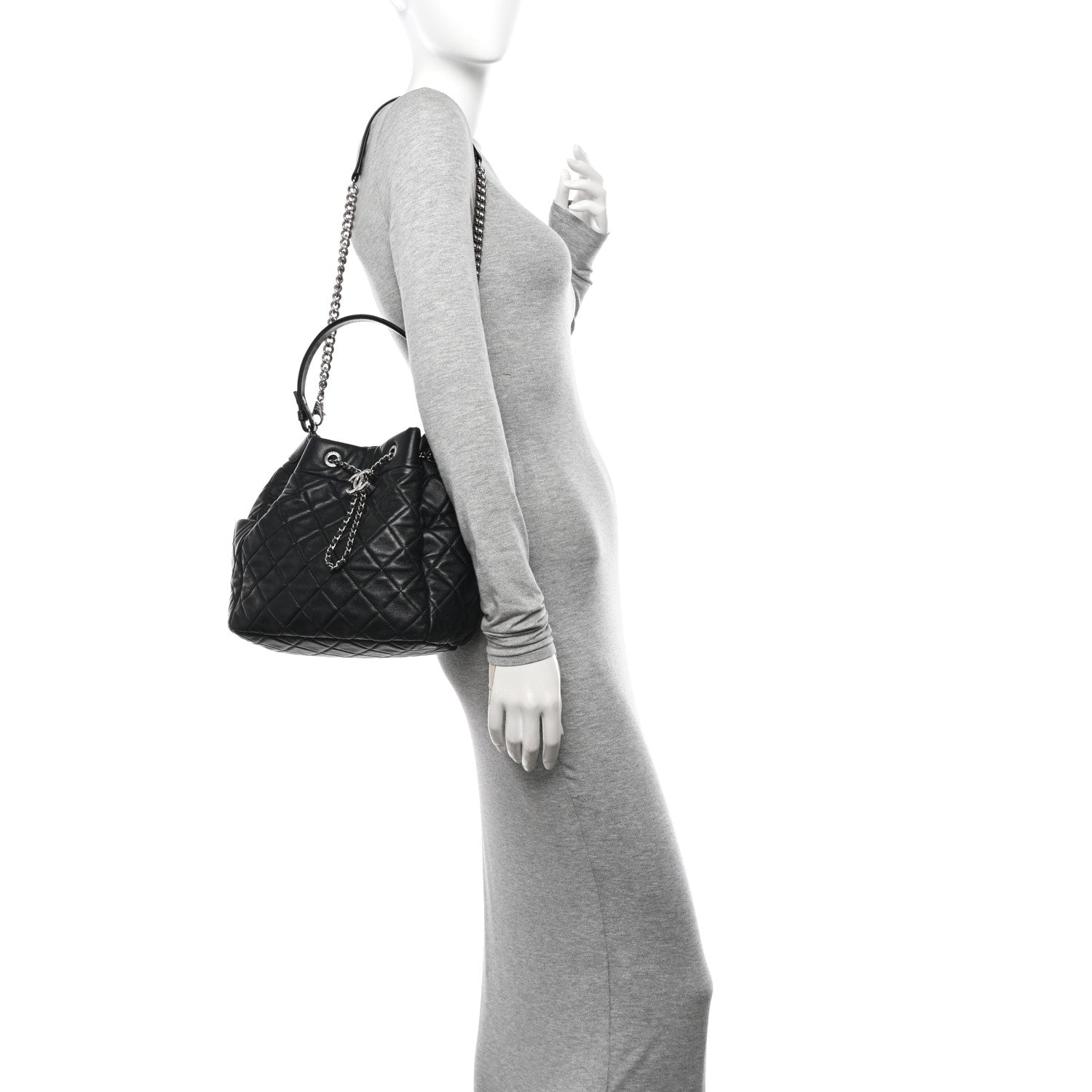 Chanel Lambskin Quilted CC Chain Bucket Drawstring Bag Black 3 of 11