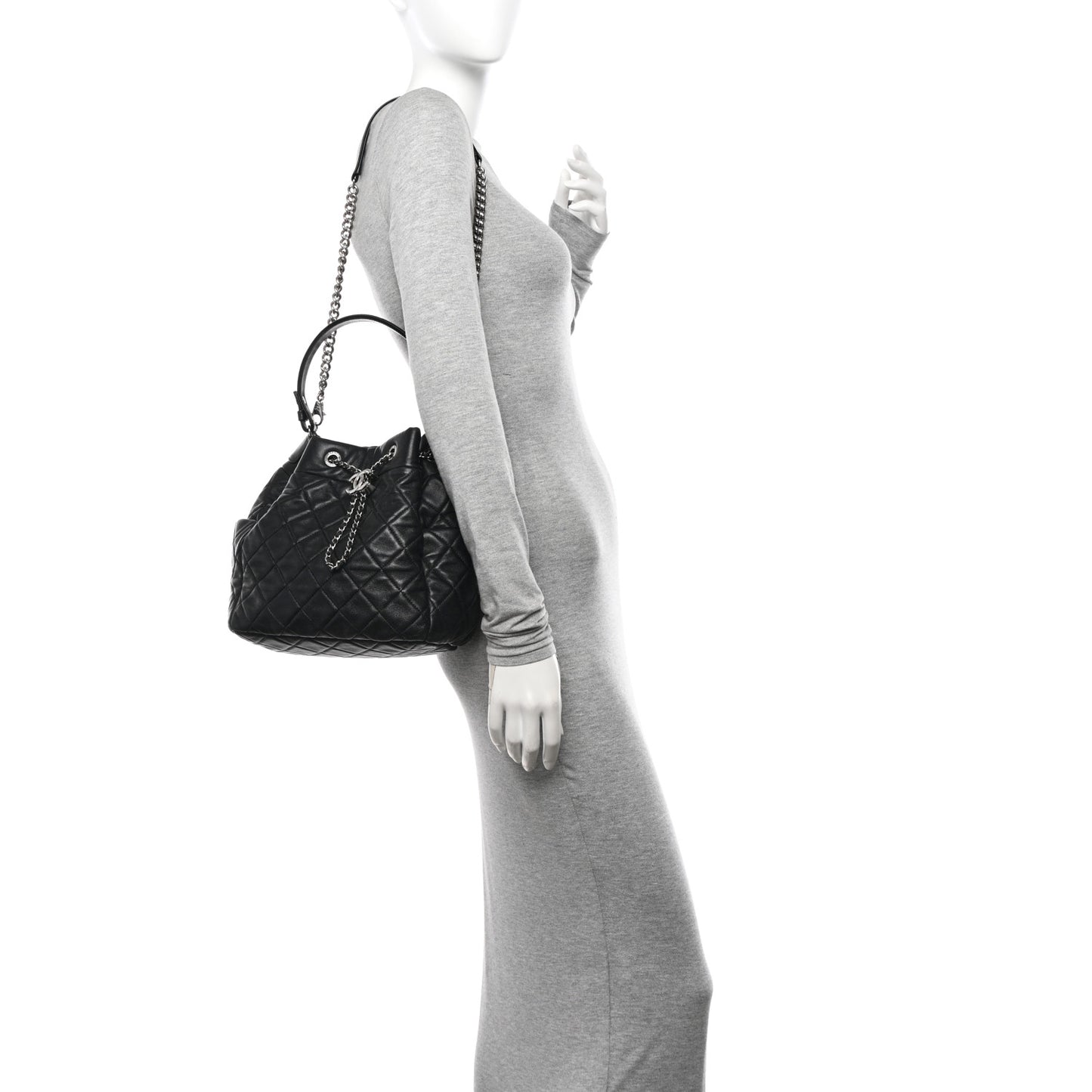 Lambskin Quilted CC Chain Bucket Drawstring Bag Black