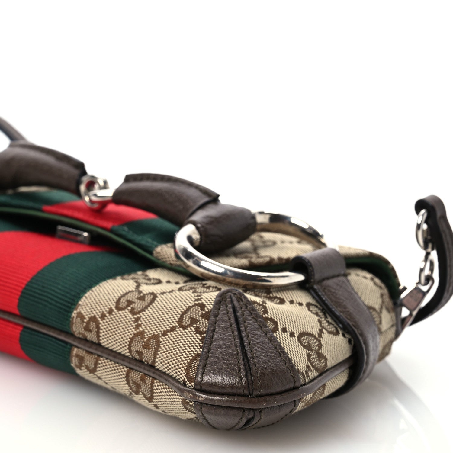 Gucci Monogram Textured Dollar Calfskin Heavy Grosgrain Web Small Maxi Horsebit Chain Shoulder Bag Beige Ebony New Acero 10 of 15
