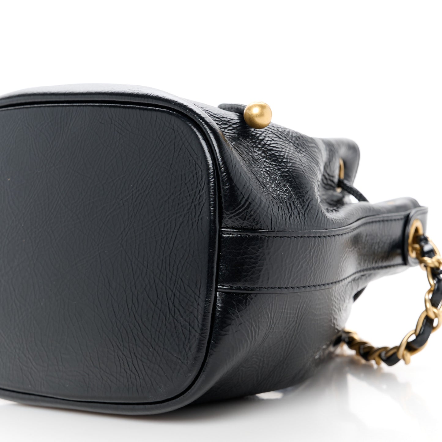 Shiny Aged Calfskin CC Chain Mini Drawstring Bag Black