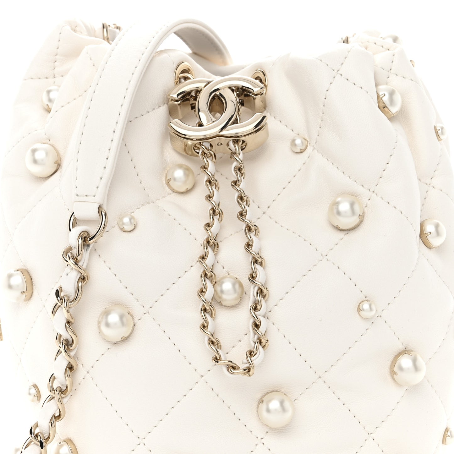 Lambskin Quilted Pearl About Pearls Drawstring Bag White