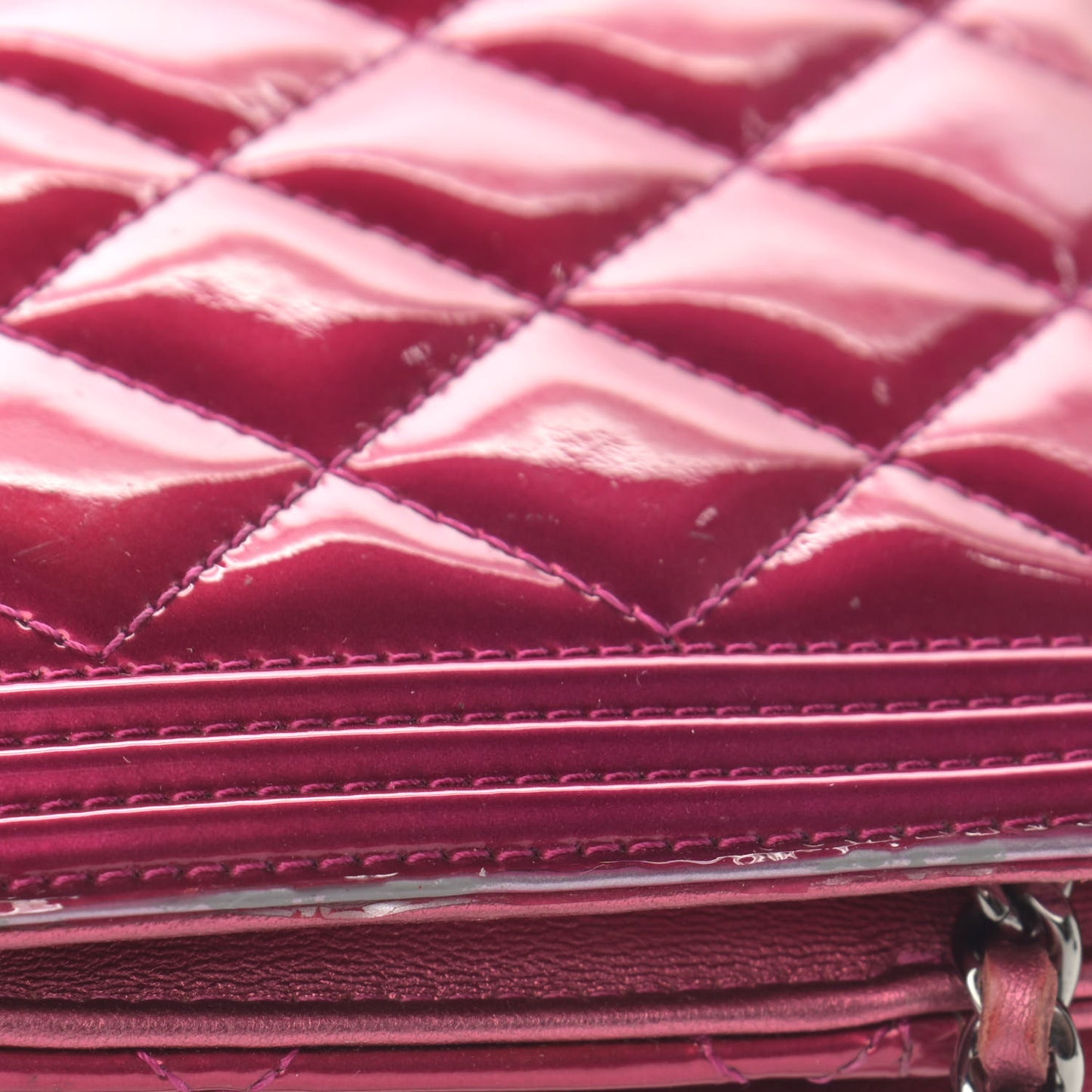 Metallic Patent Calfskin Quilted Boy Wallet On Chain WOC Fuchsia