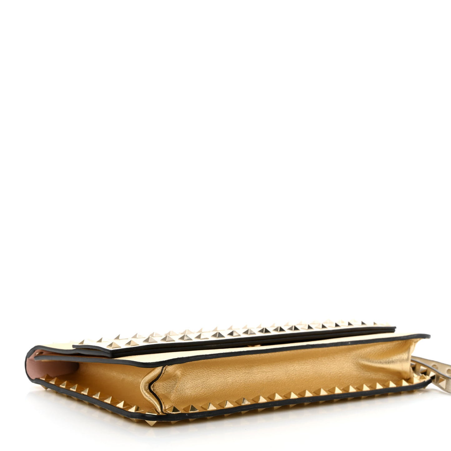 Metallic Calfskin Rockstud Side Slip Wristlet Clutch Gold