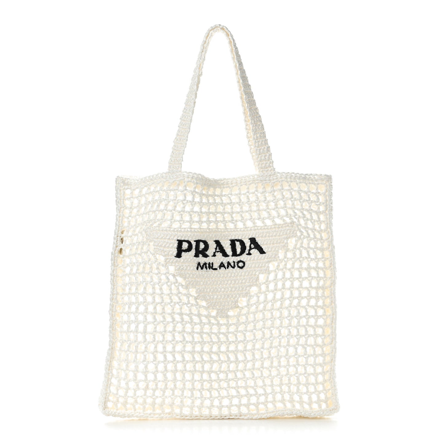 Yarn Raffia Effect Crochet Logo Embroidered Tote Bag White