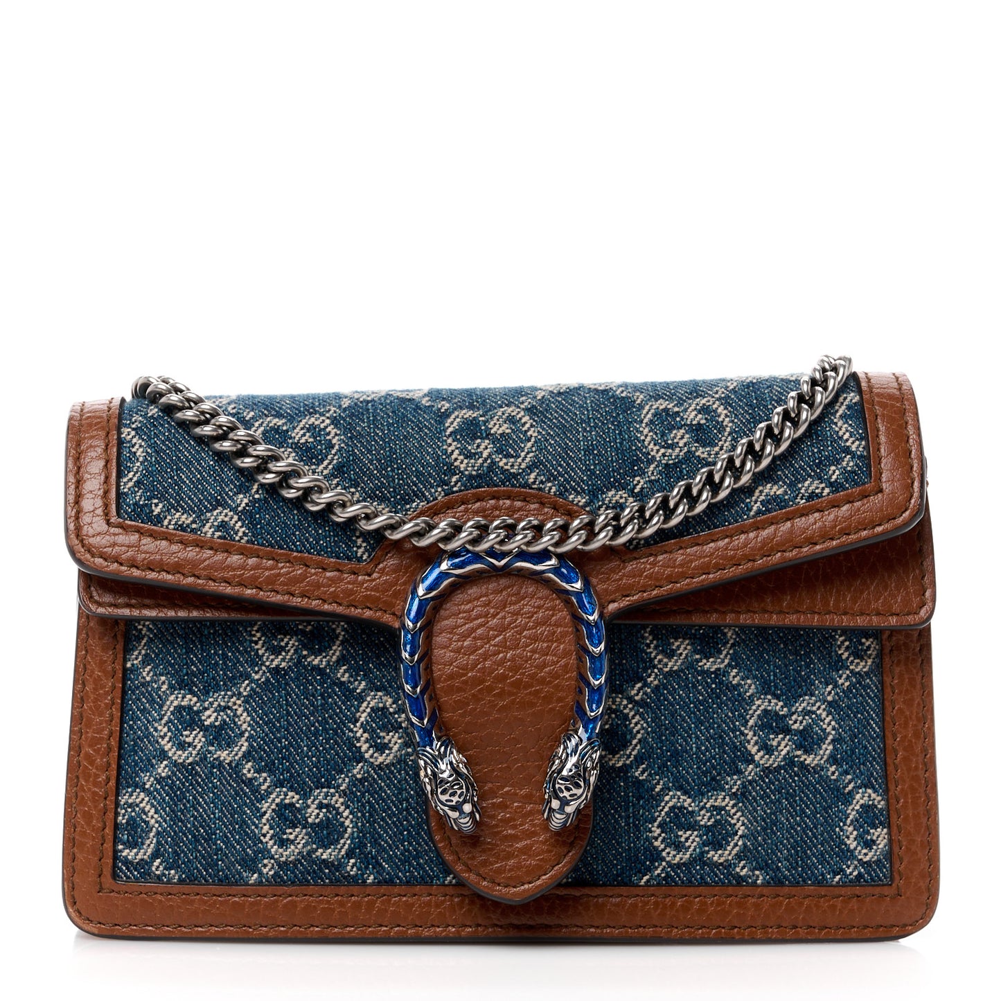 New Denim GG Monogram Dollar Calfskin Enamel Super Mini Dionysus Shoulder Bag Blue Tea Cuir Epilog Electric Blue