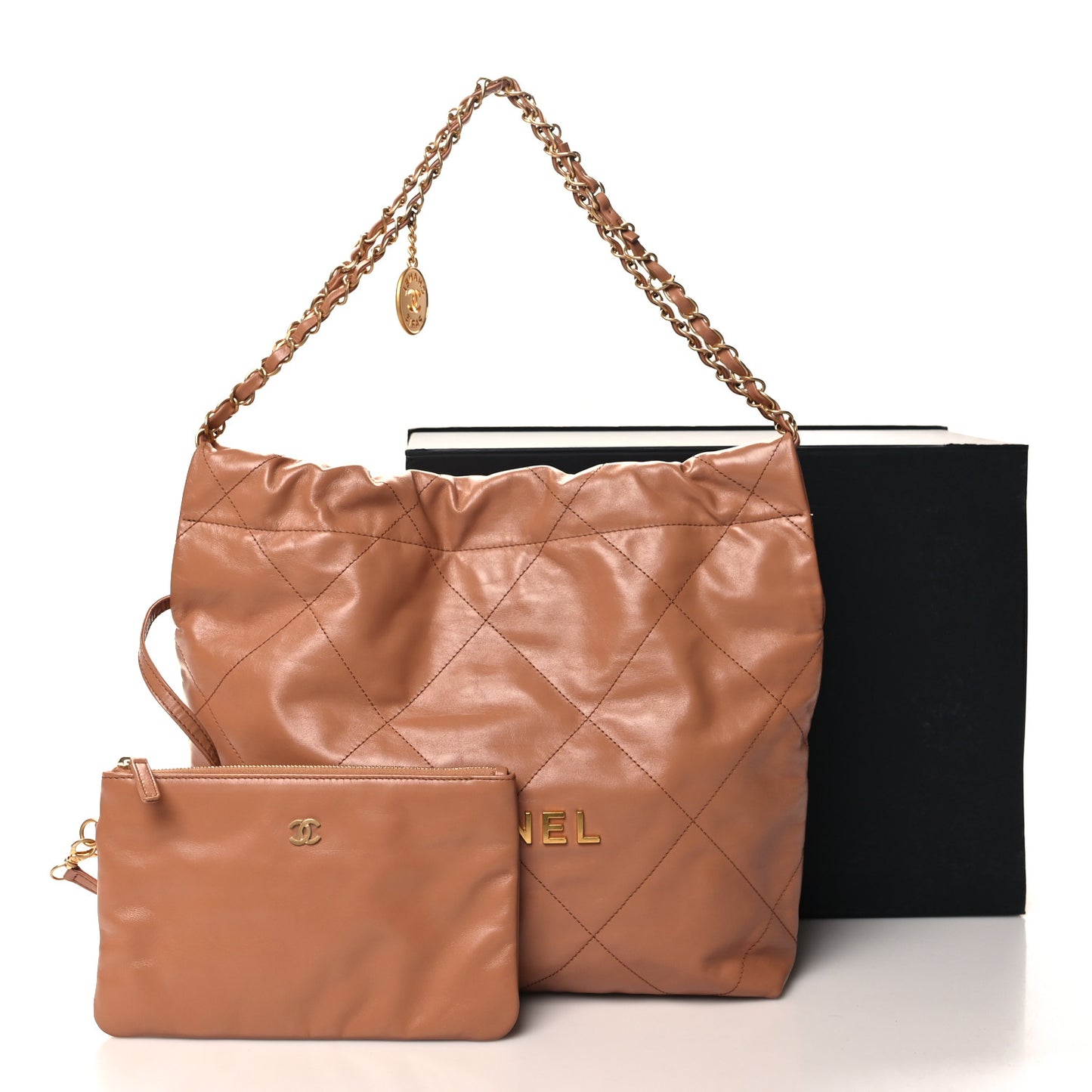 Shiny Calfskin Quilted Small Chanel 22 Camel