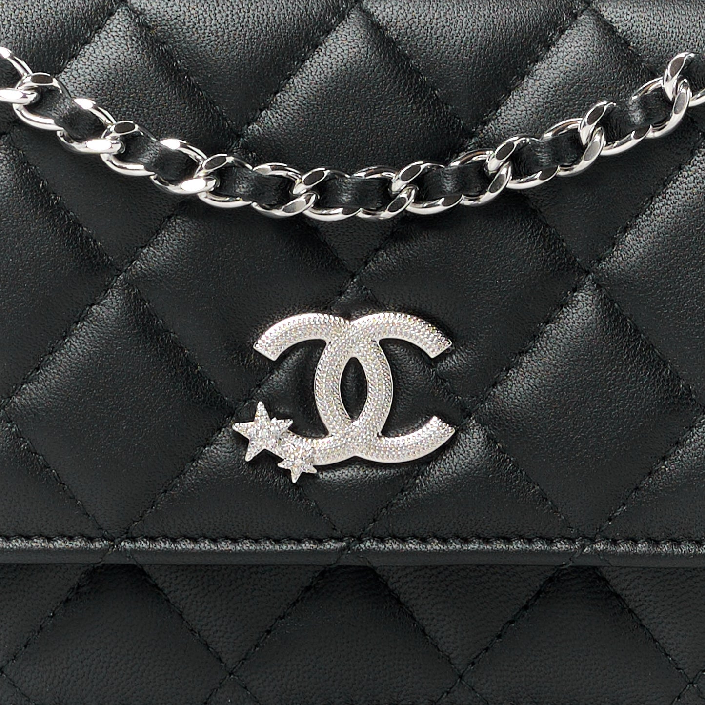Lambskin Quilted Crystal Star Long Clutch With Chain Black