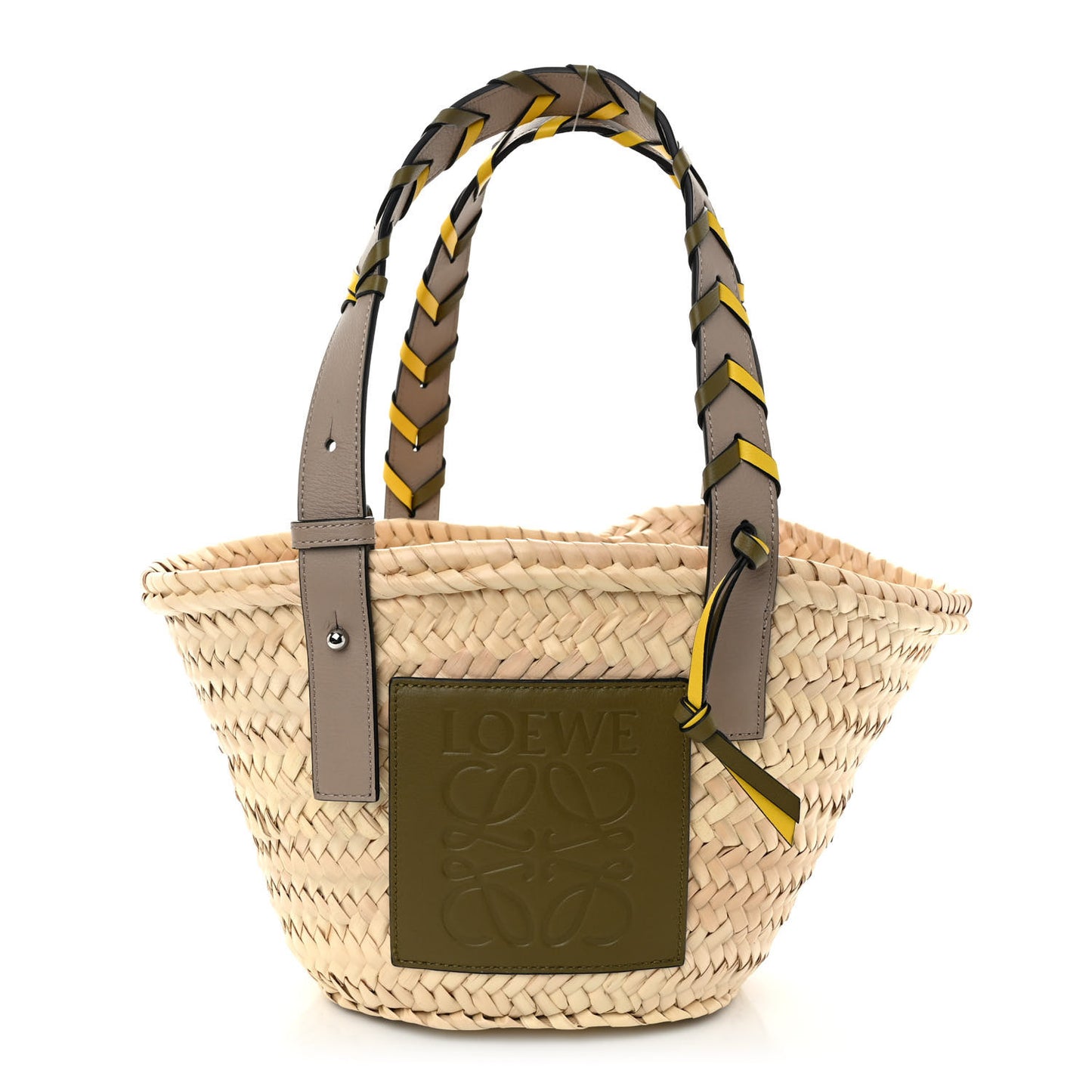 Raffia Braided Handle Small Basket Tote Bag Olive Sand