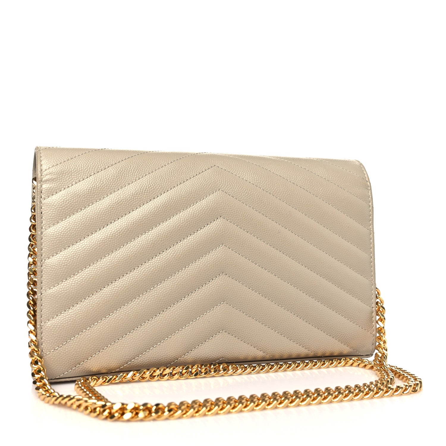 Saint Laurent Grain De Poudre Matelasse Chevron Monogram Chain Wallet Sea Salt 3 of 9