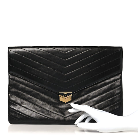 Calfskin Chevron Quilted Medal Flap Clutch Black