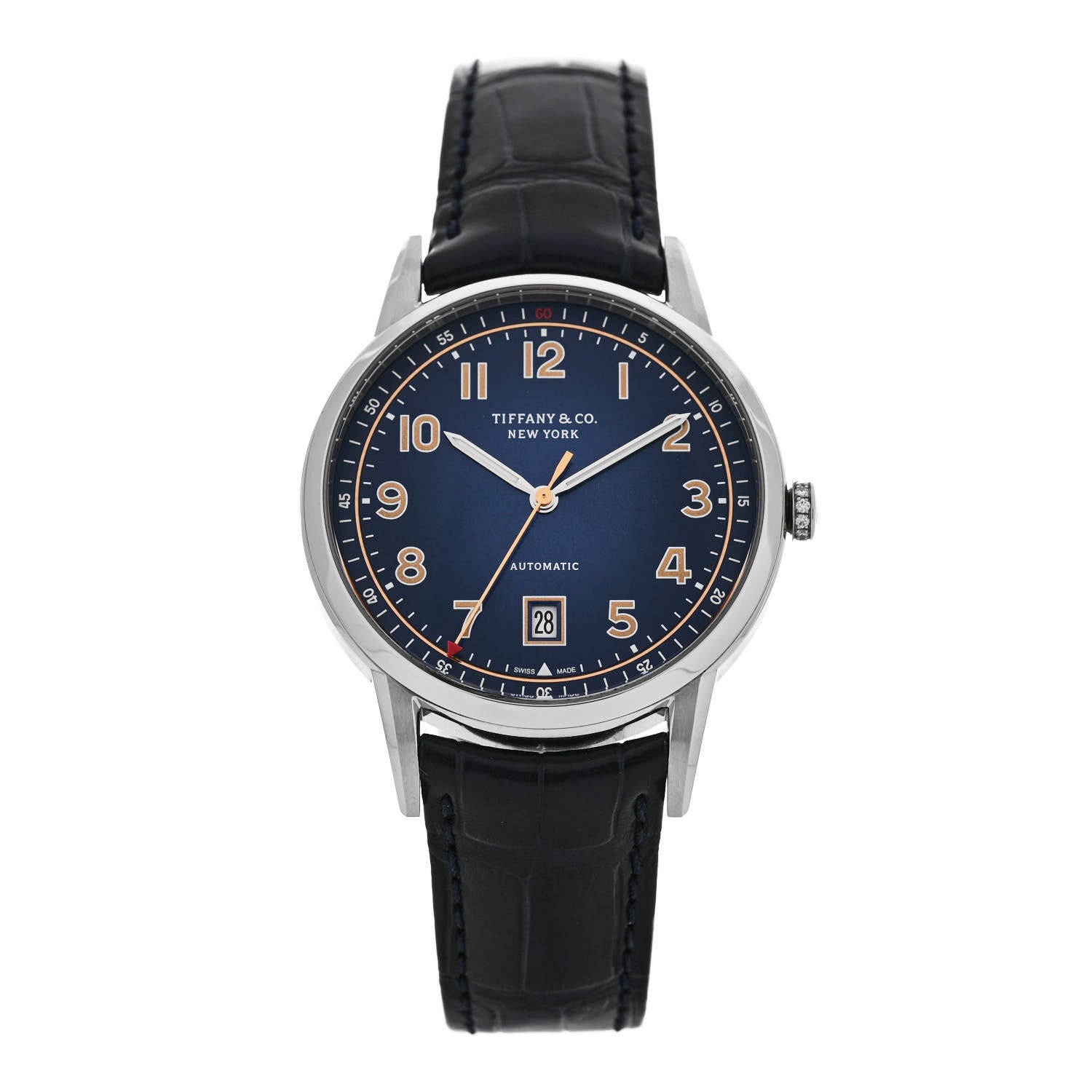 Tiffany Stainless Steel Alligator Diamond 40mm CT60 3-Hand Automatic Watch Blue 1 of 5