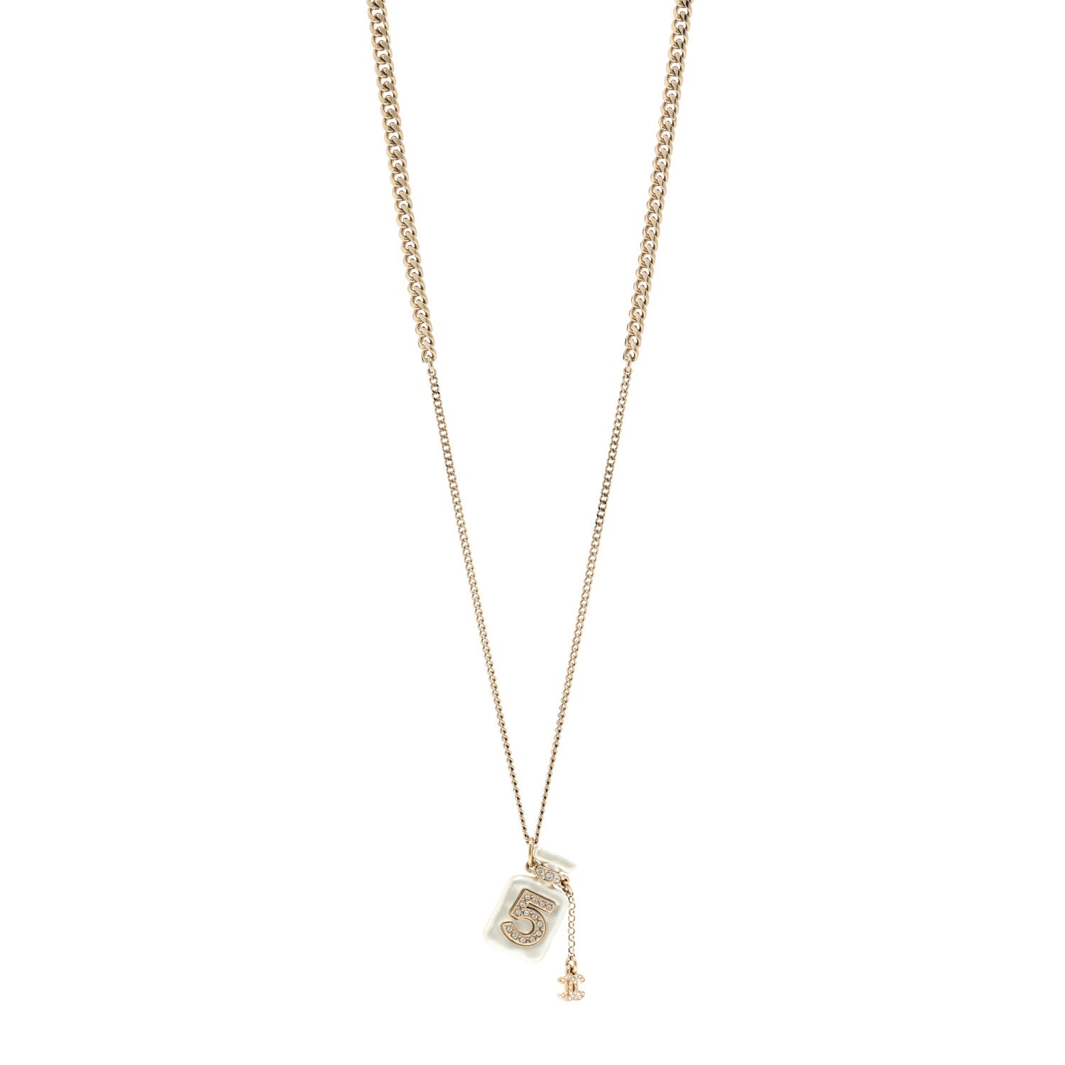Chanel Crystal Pearl CC No. 5 Perfume Bottle Necklace White Gold