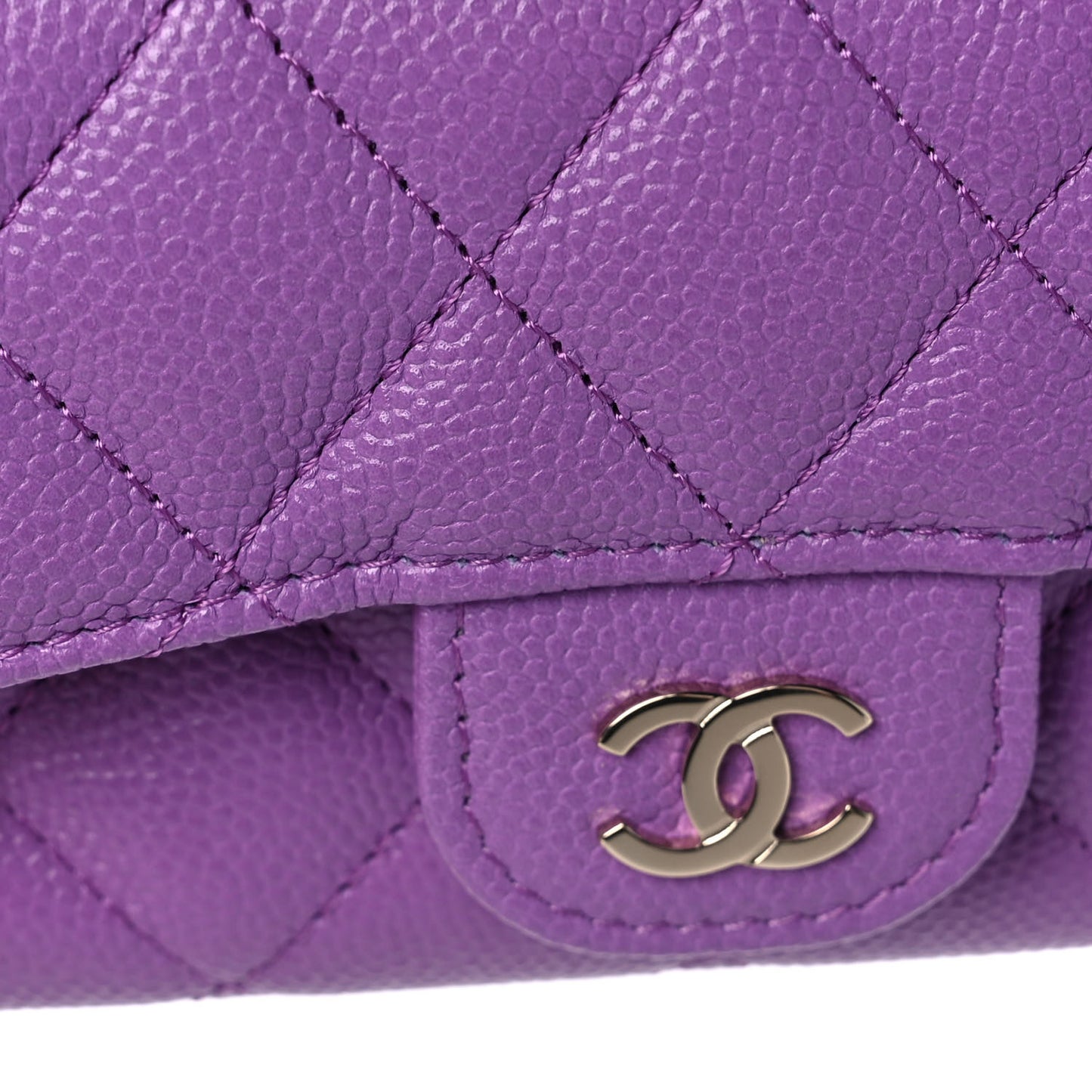 Caviar Quilted Flap Card Holder Wallet Purple